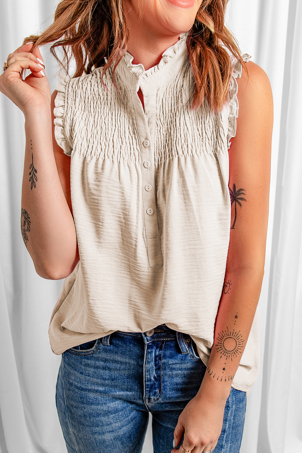 White Frilled Tank Top with Buttons