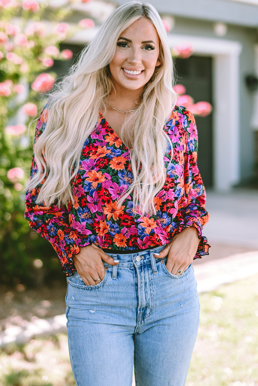 Floral Print Wrap V Neck Long Sleeve Bodysuit