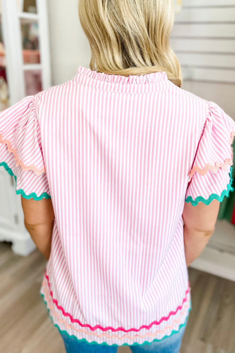 Sky Blue Stripe Ricrac Trim Split Neck Striped Ruffled Sleeve Blouse