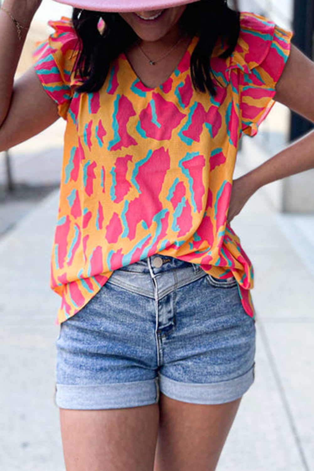 Abstract V Neck Ruffled Sleeve Blouse