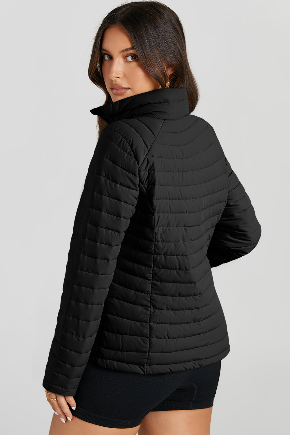 Myosotis Solid Color Quilted Zip-up Puffer Jacket