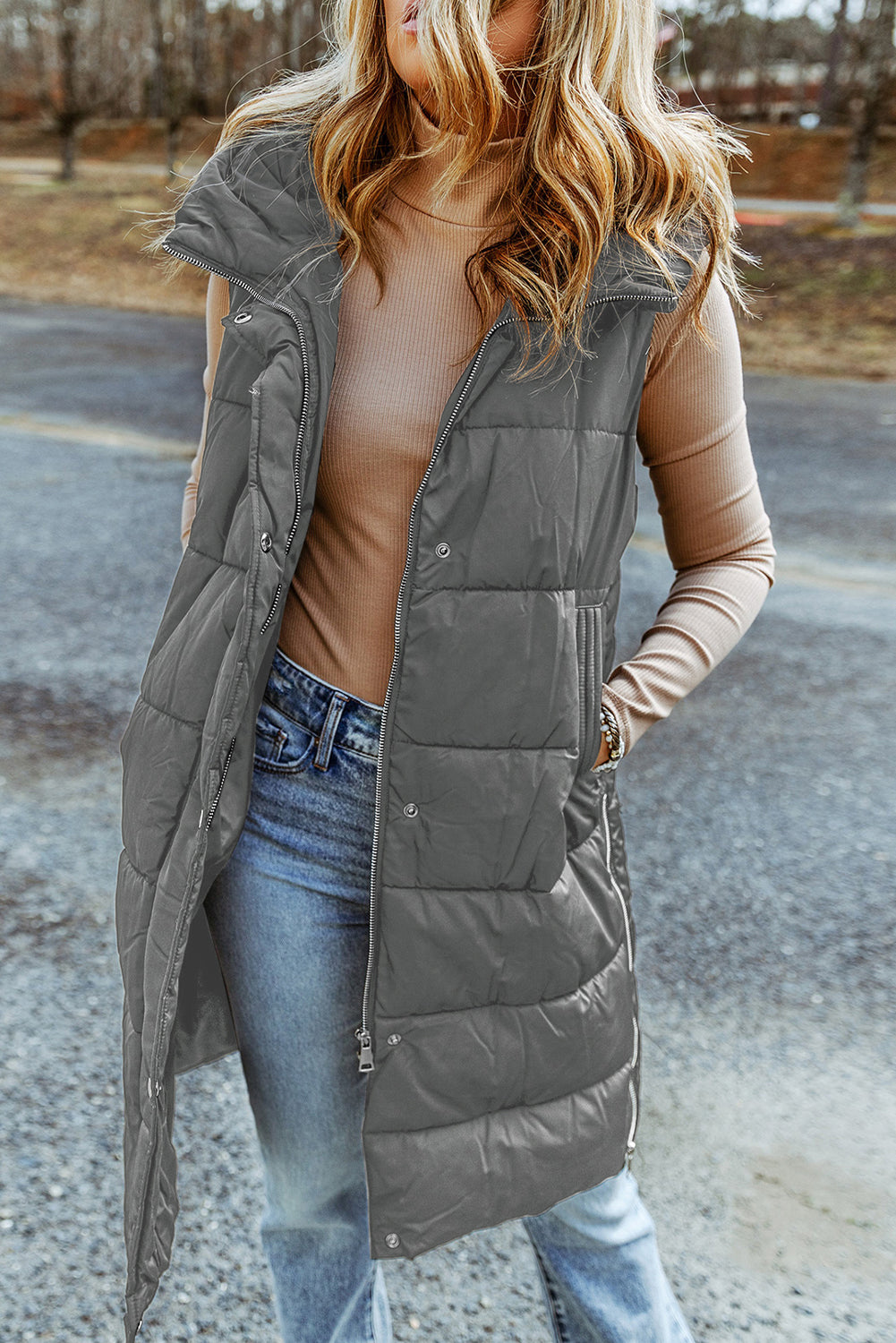 Green Hooded Long Quilted Vest Coat