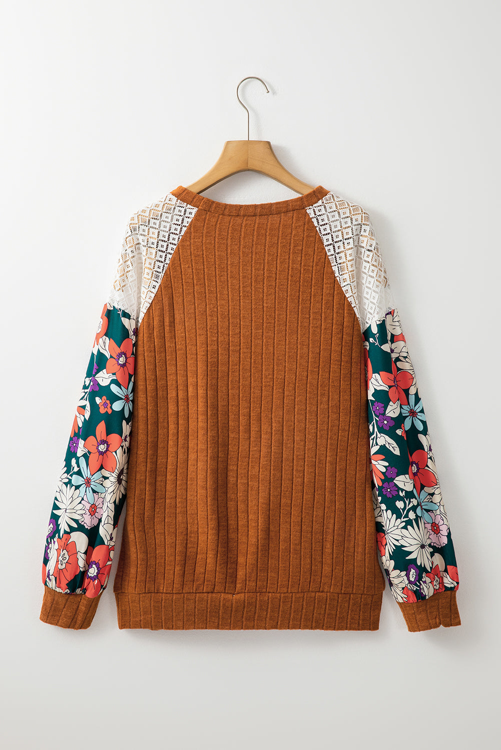 Cinnamon Floral Patchwork Long Sleeve Ribbed Blouse