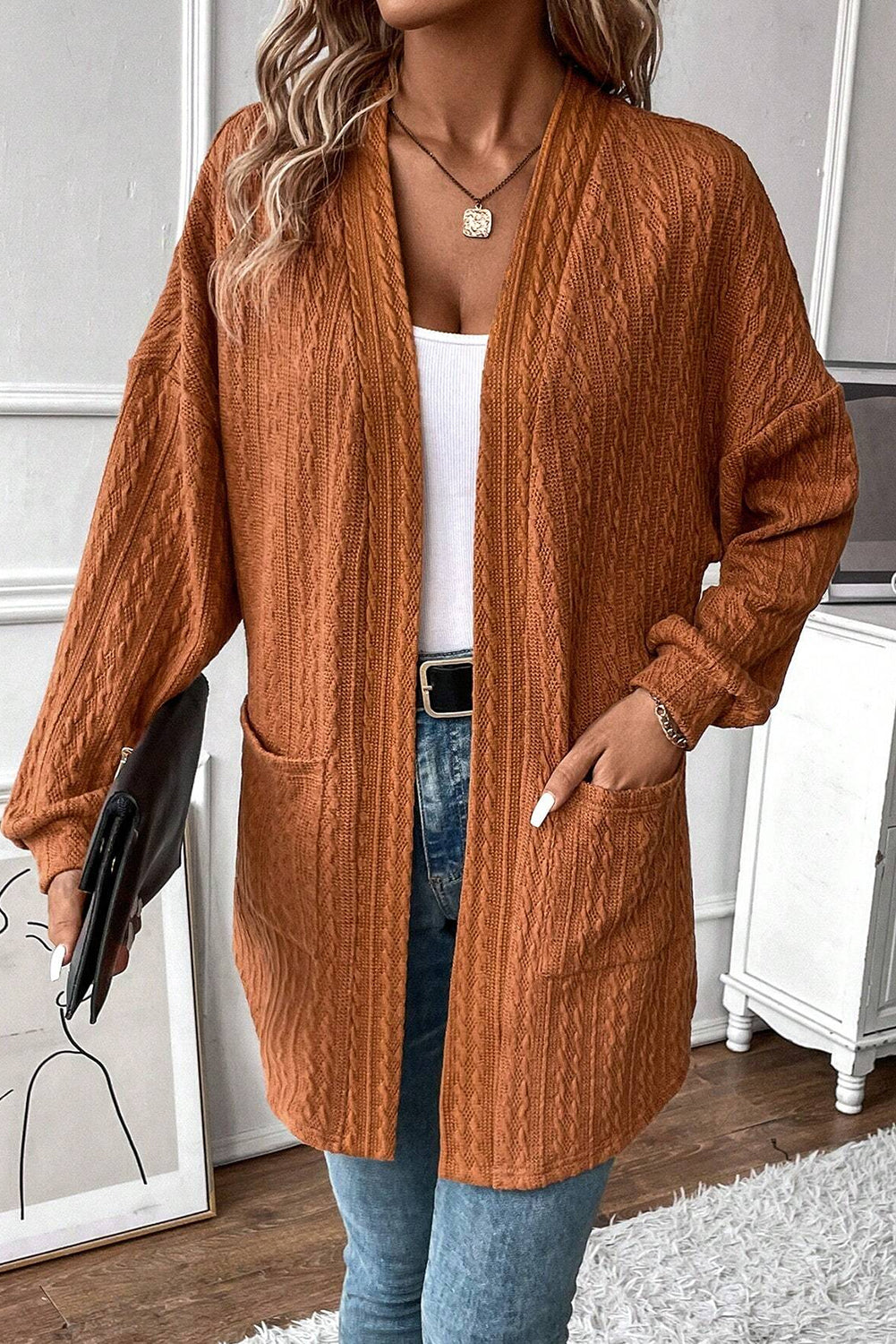 Black Textured Knit Side Pockets Open Front Cardigan