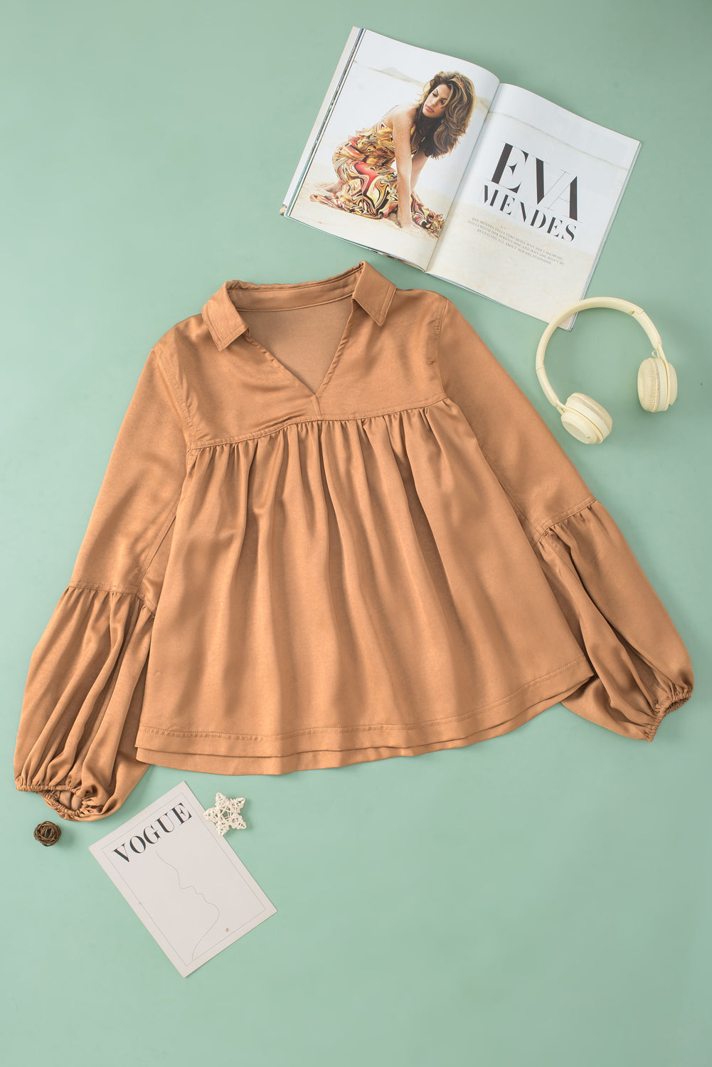 Brown Puff Sleeve Collared Pleated Babydoll Blouse