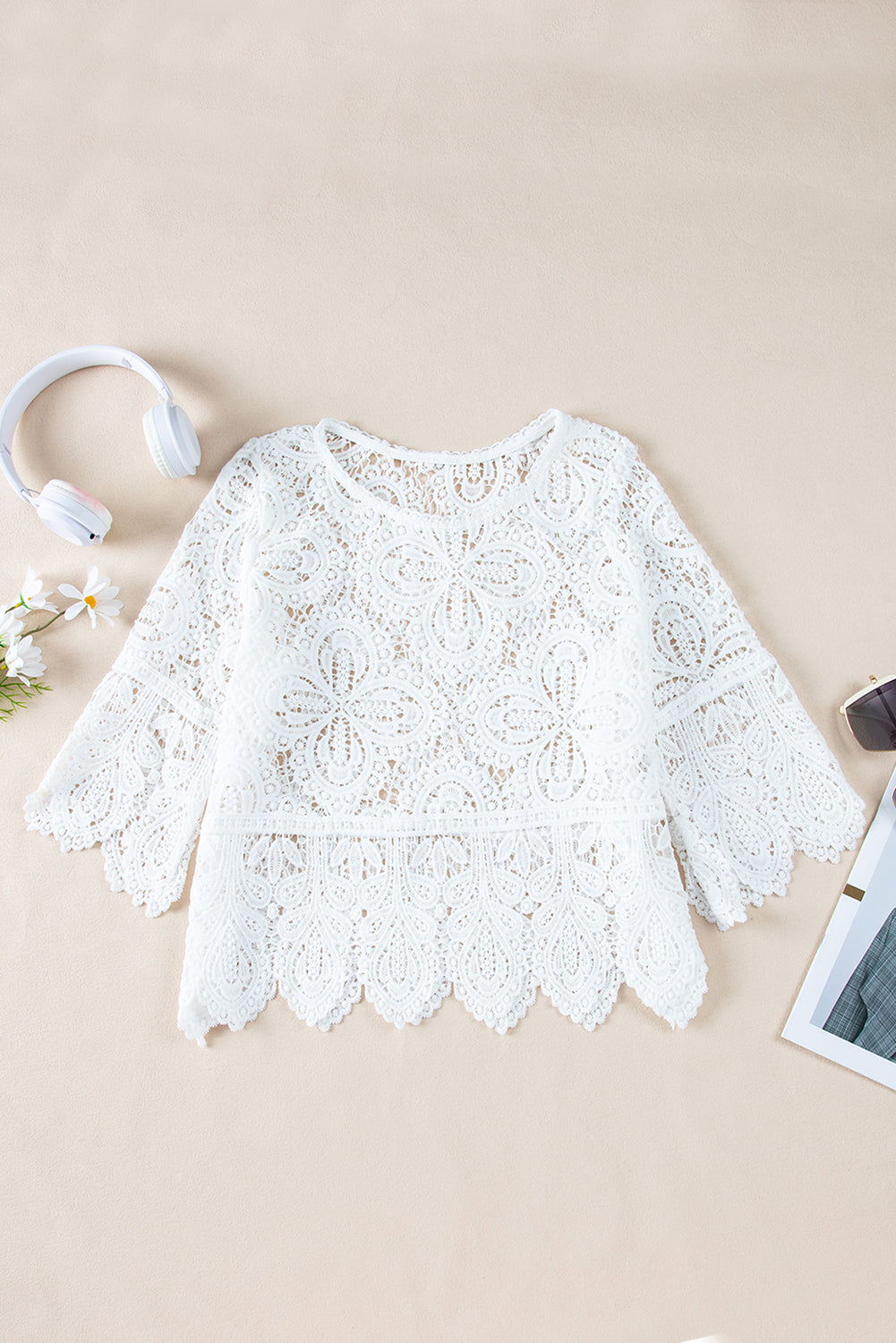 Oatmeal Bohemian Macrame Lace Crochet Half Sleeve Blouse