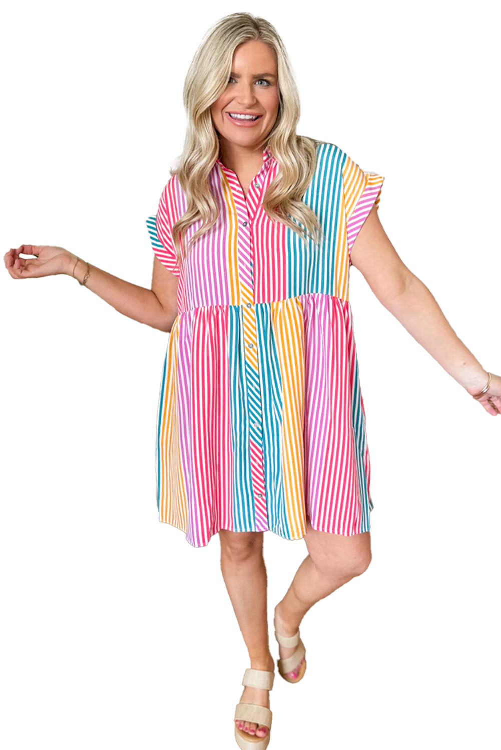 Multicolour Colorblock Striped Short Sleeve Buttoned Shirt Dress