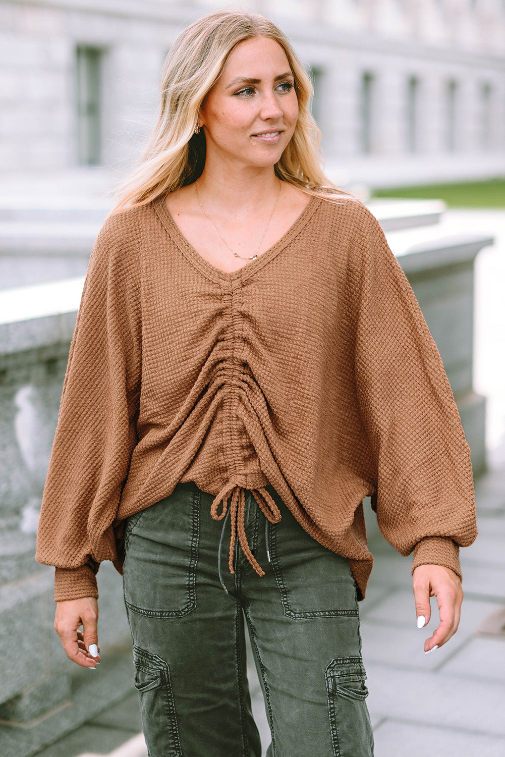 Brown V-Neck Drawstring Dolman Sleeve Waffle Knit Top