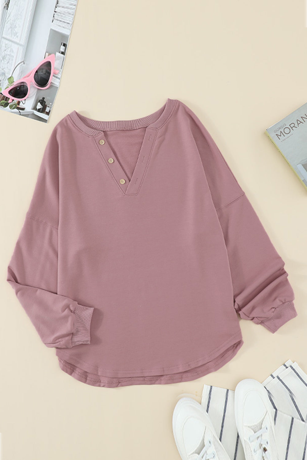 Gray Buttoned V Neck Cotton Loose Fit Top