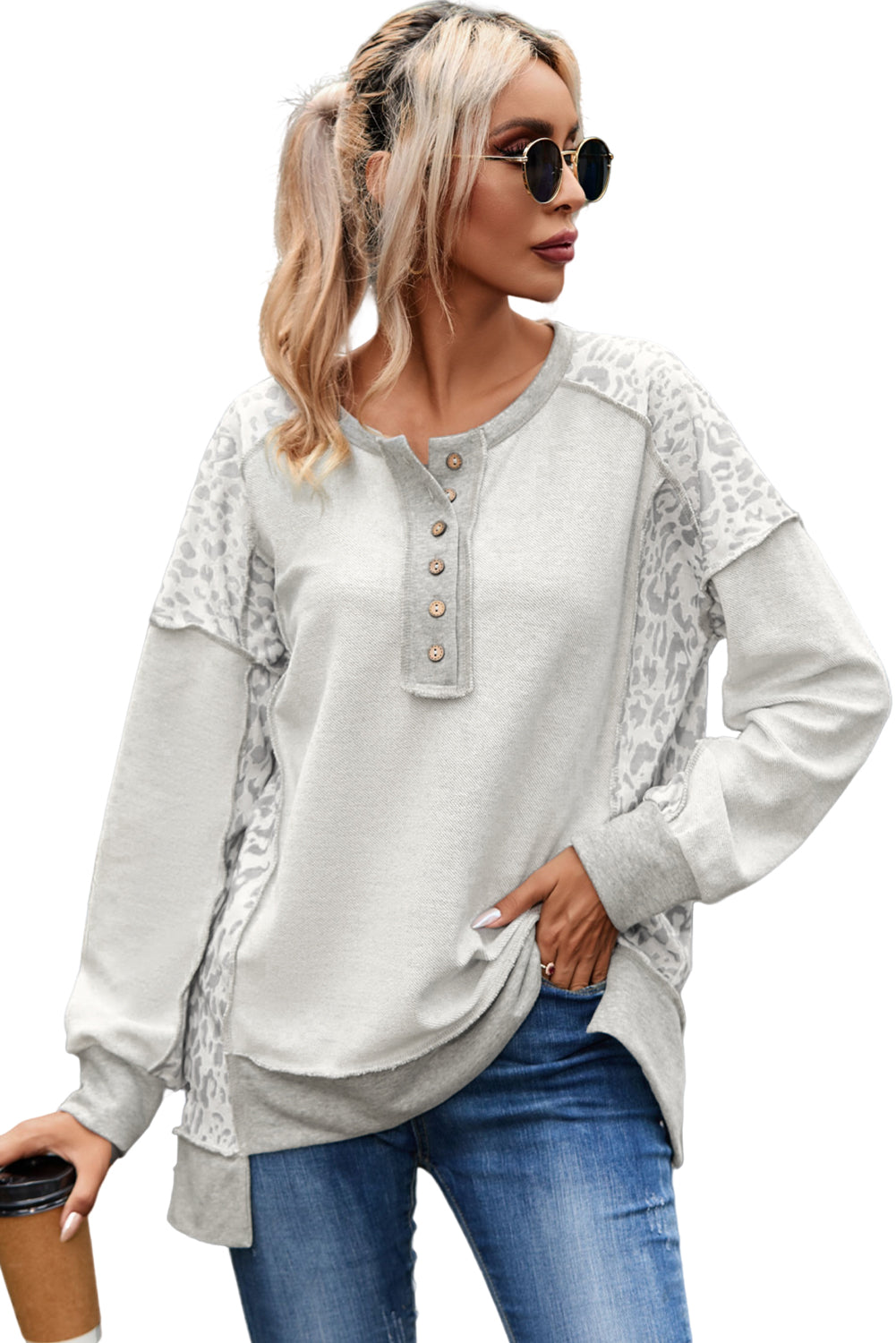 Gray Leopard Patchwork Exposed Seam Buttoned Neck Sweatshirt