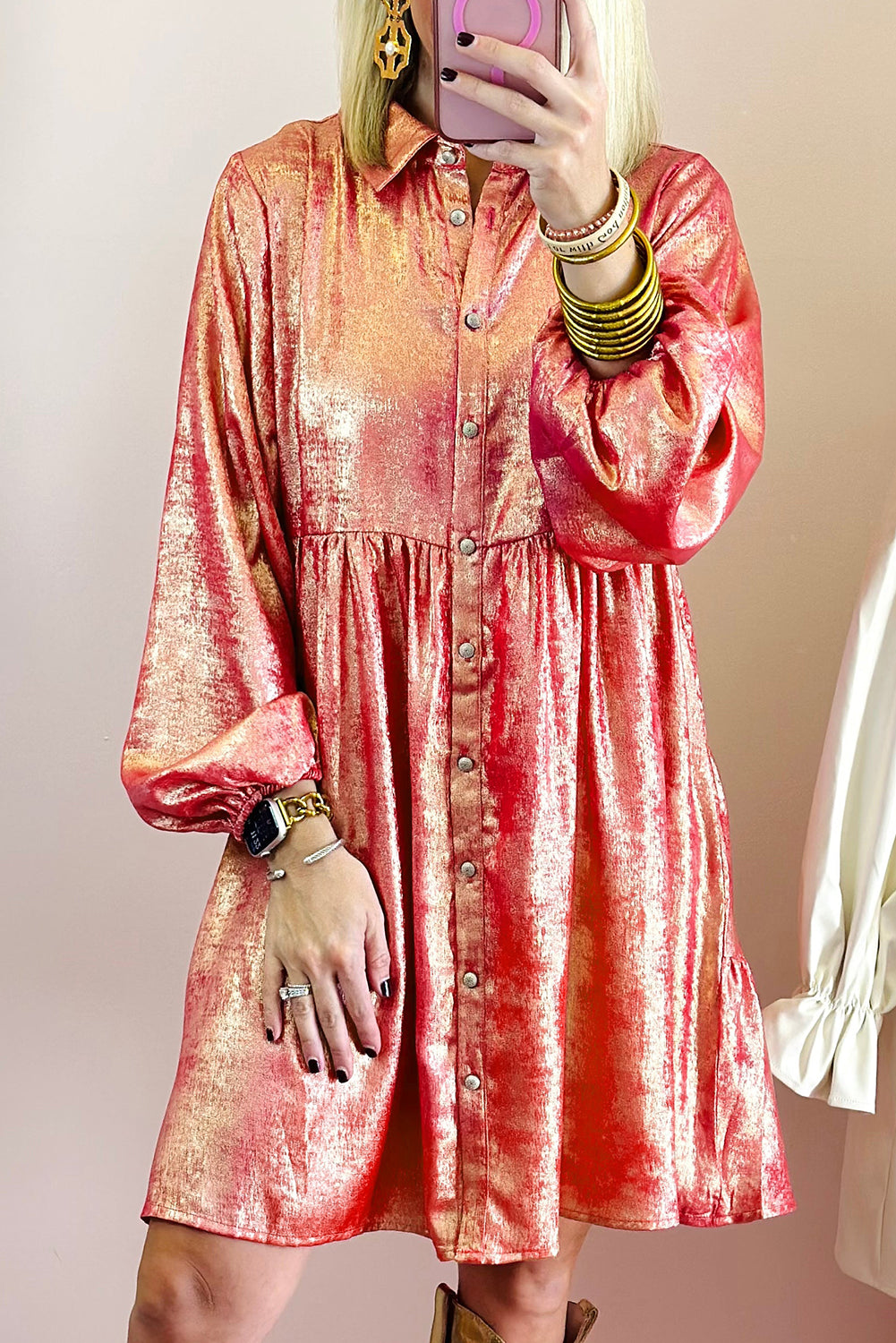 Apricot Metallic Sheen Puff Sleeve Button Up Mini Shirt Dress