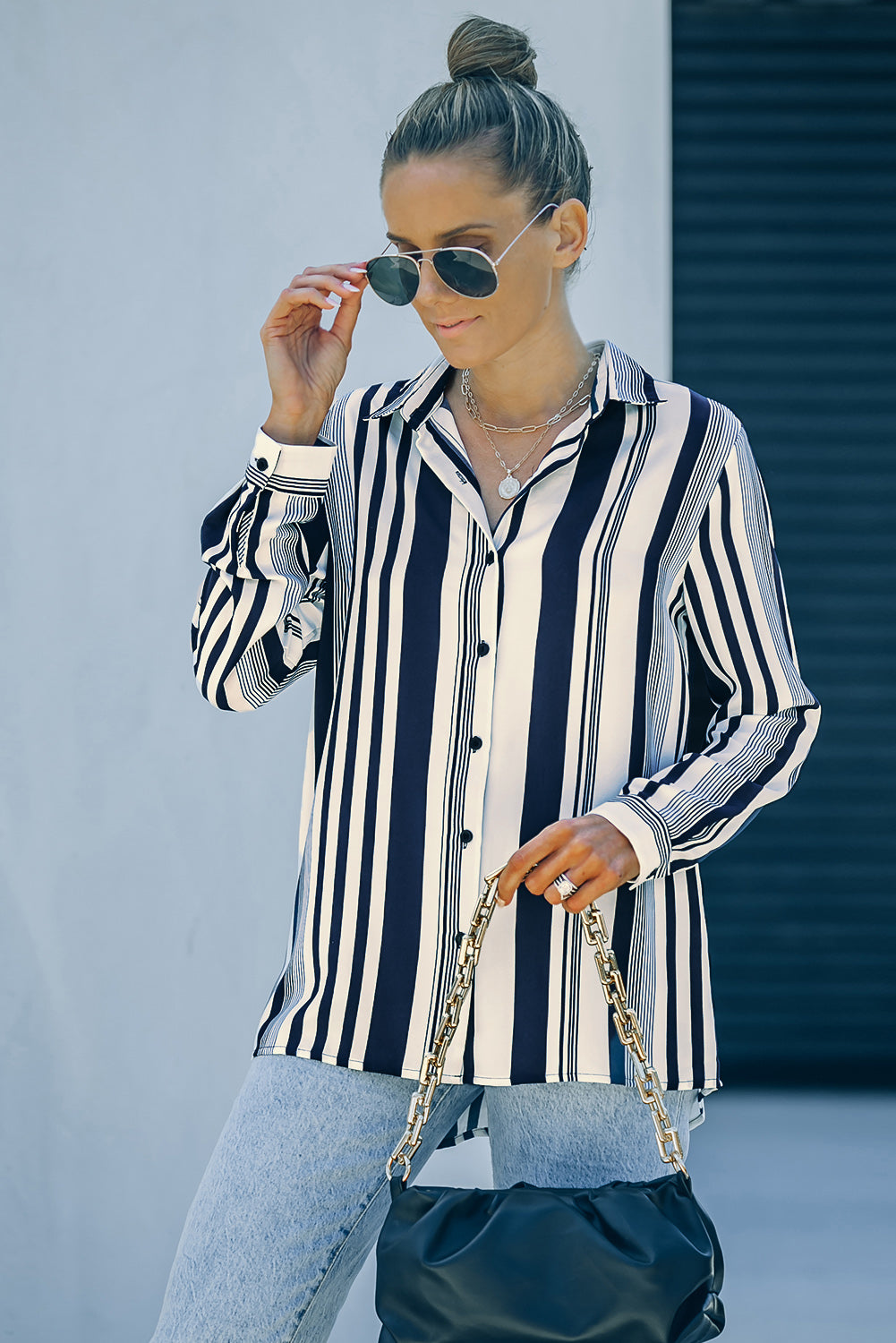 White Navy Striped Modern Women Shirt