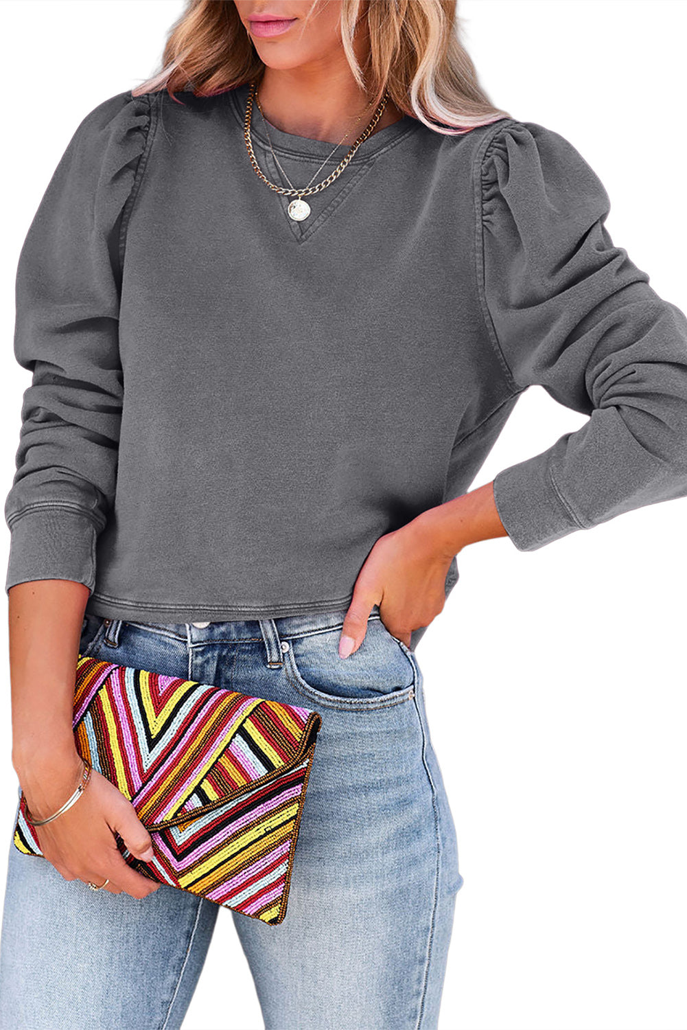 Rose Vintage Washed Puff Sleeve Sweatshirt