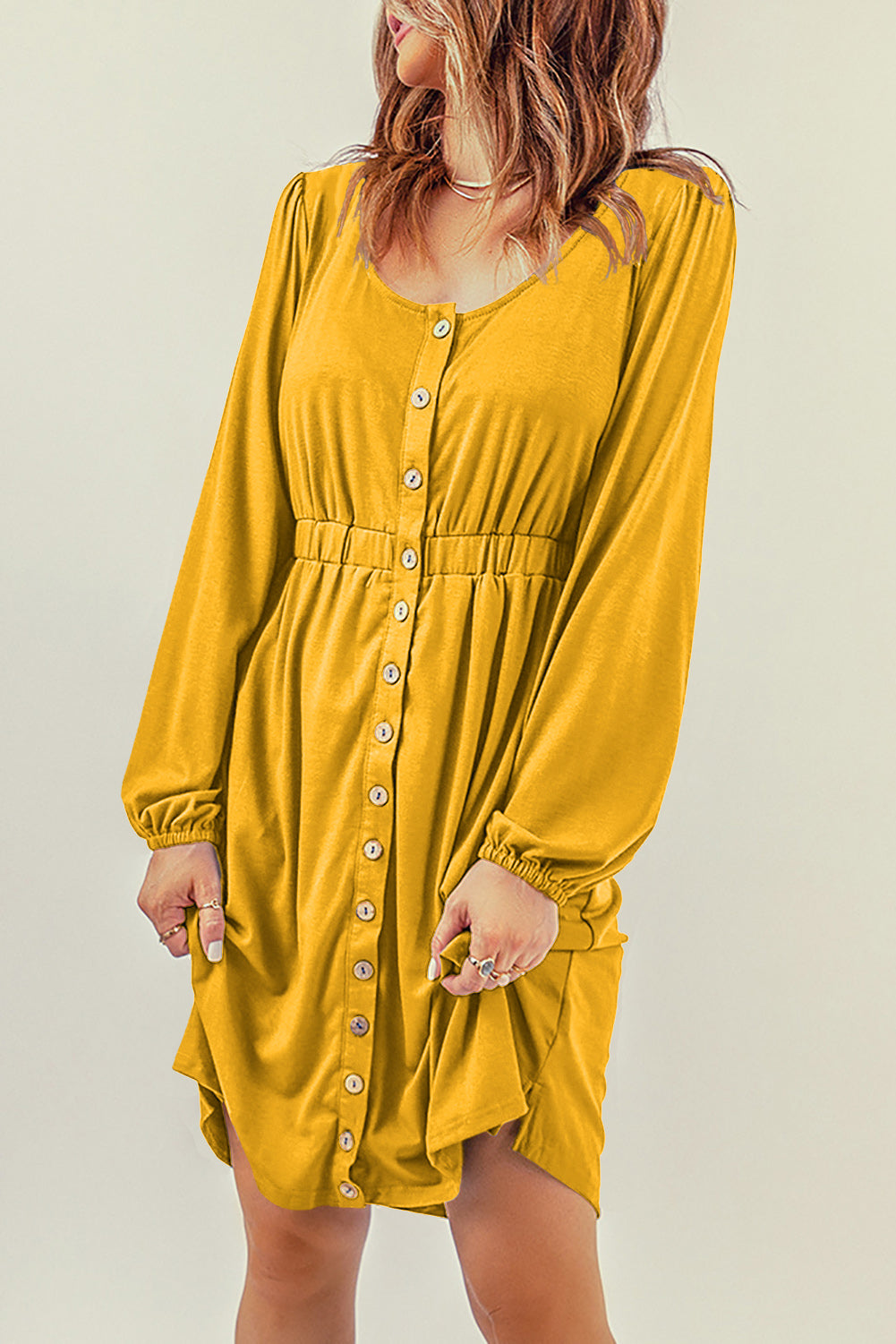 Yellow Button Up High Waist Long Sleeve Dress