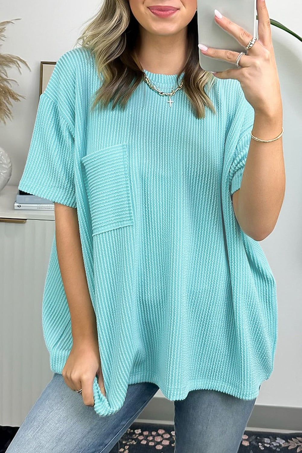 Corded Knit Pocketed Loose Fit T Shirt