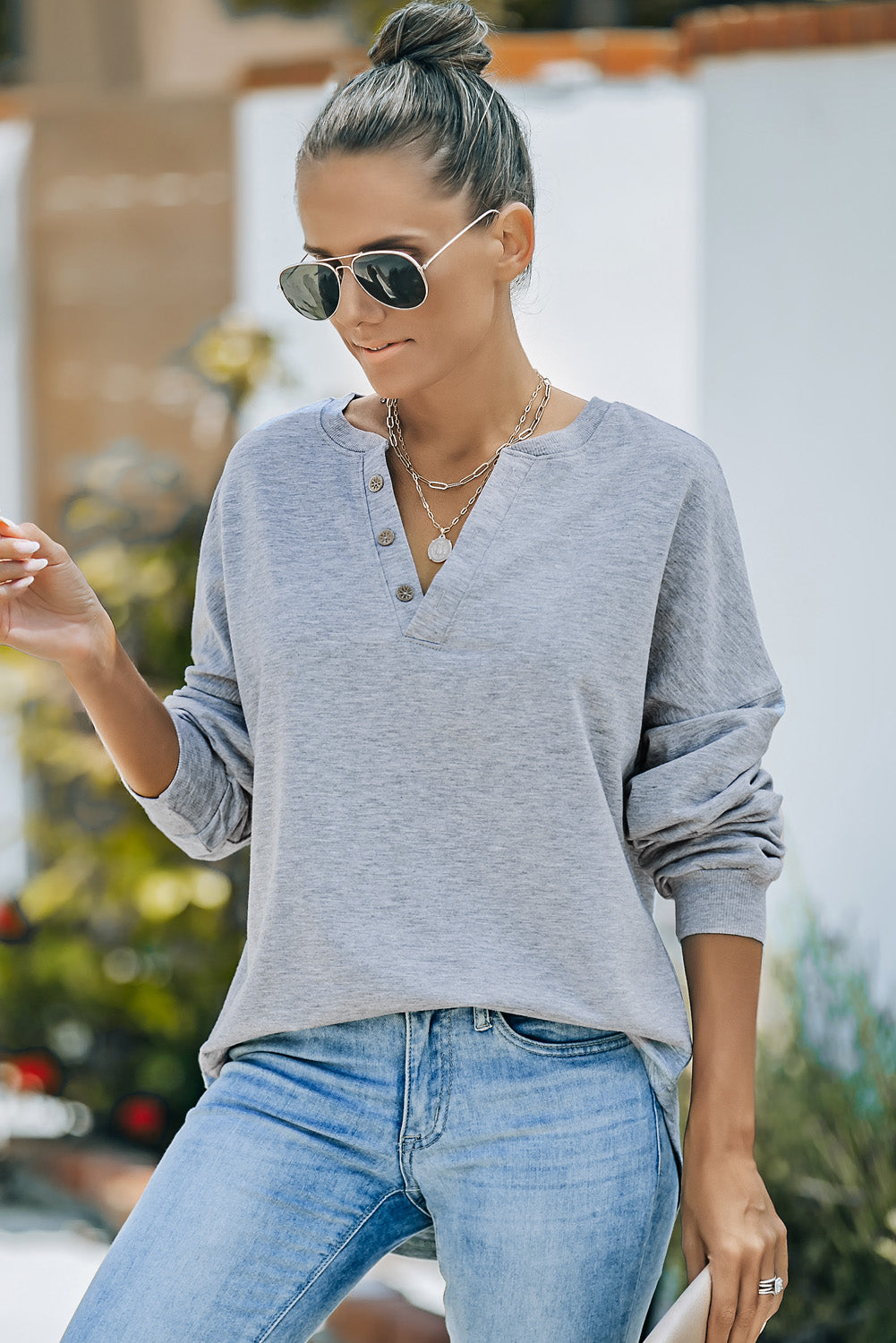 Gray Buttoned V Neck Cotton Loose Fit Top