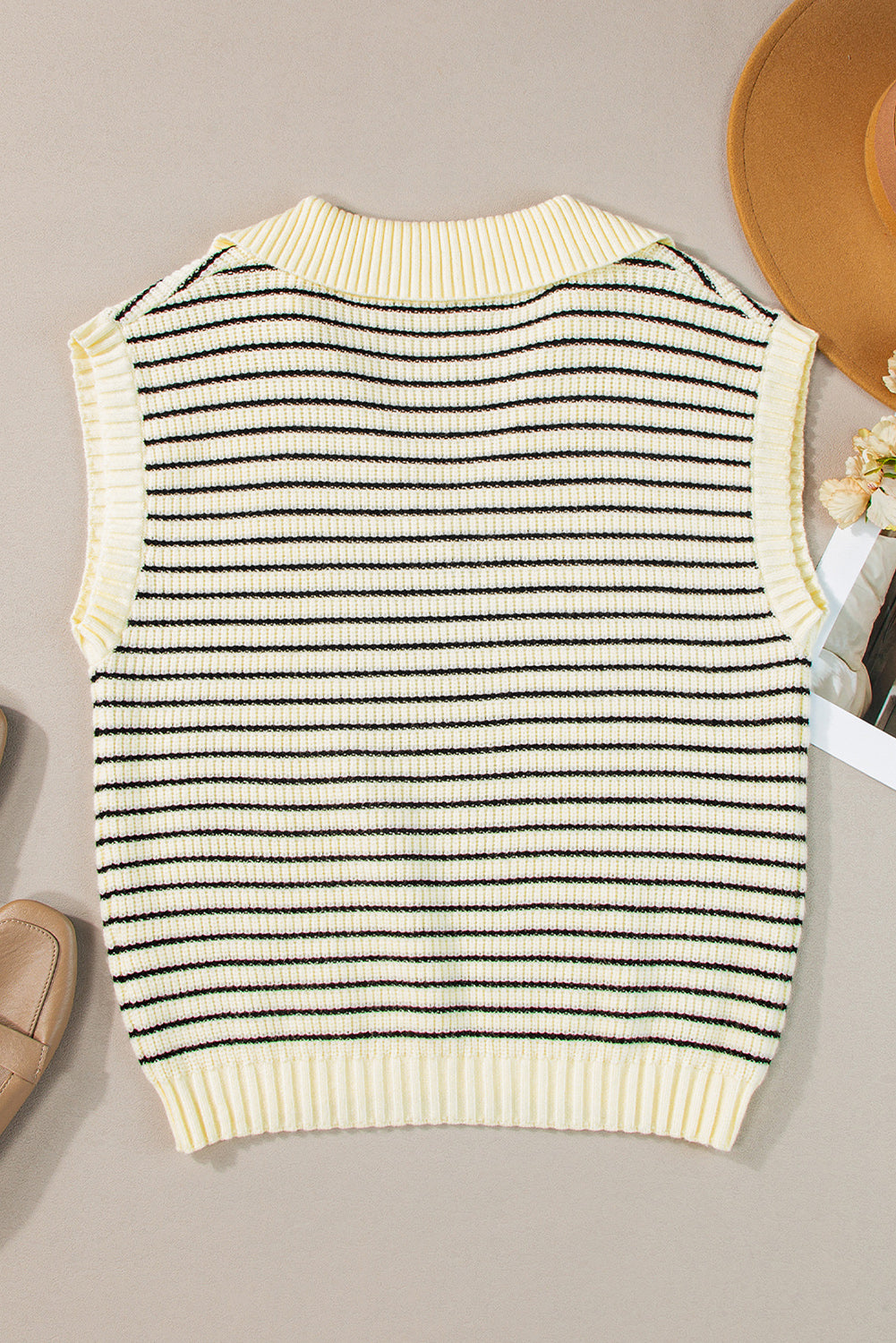 Black Stripe Turn-down V Neck Sweater Tank Top