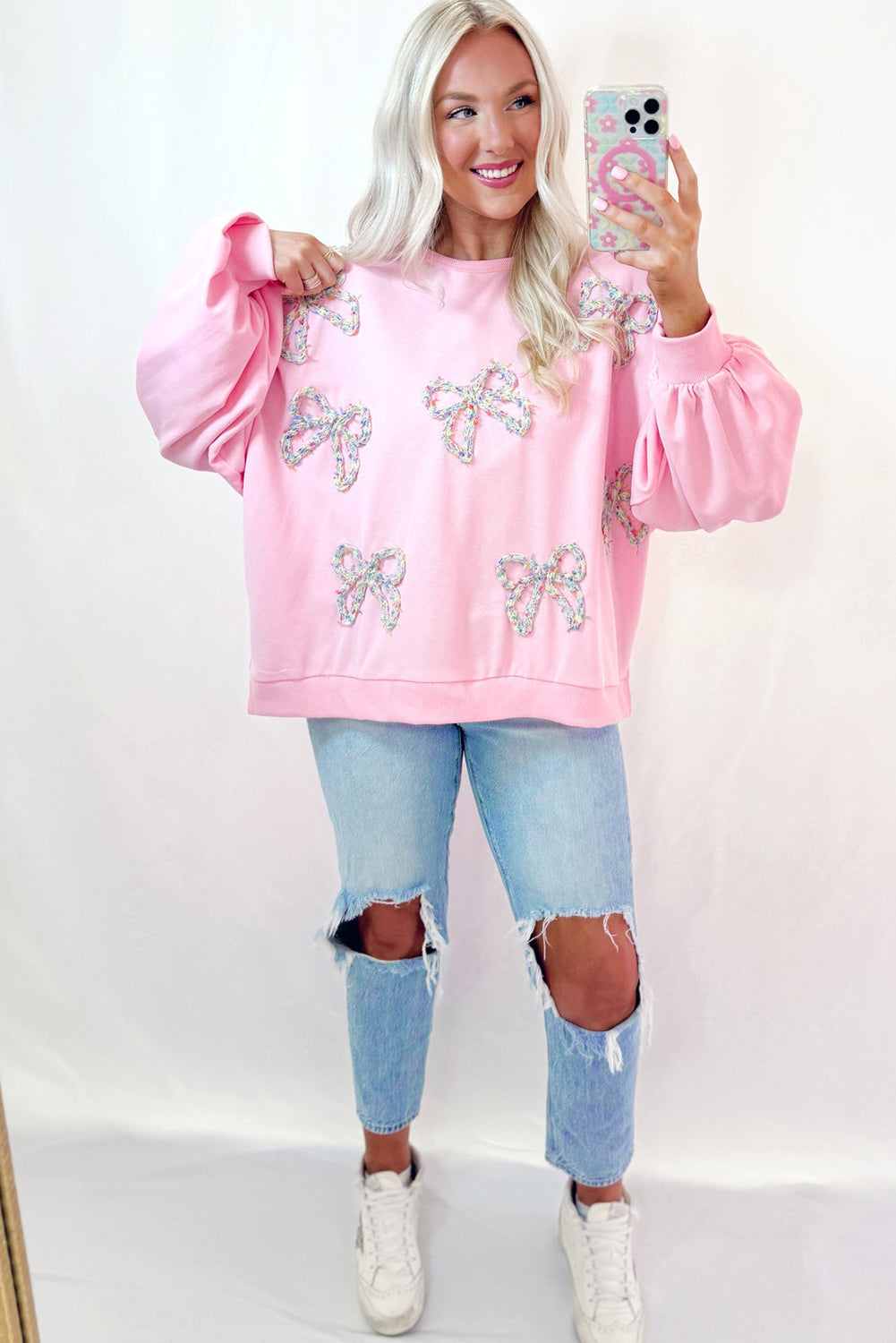 Bow Decor Loose Sleeve Sweatshirt