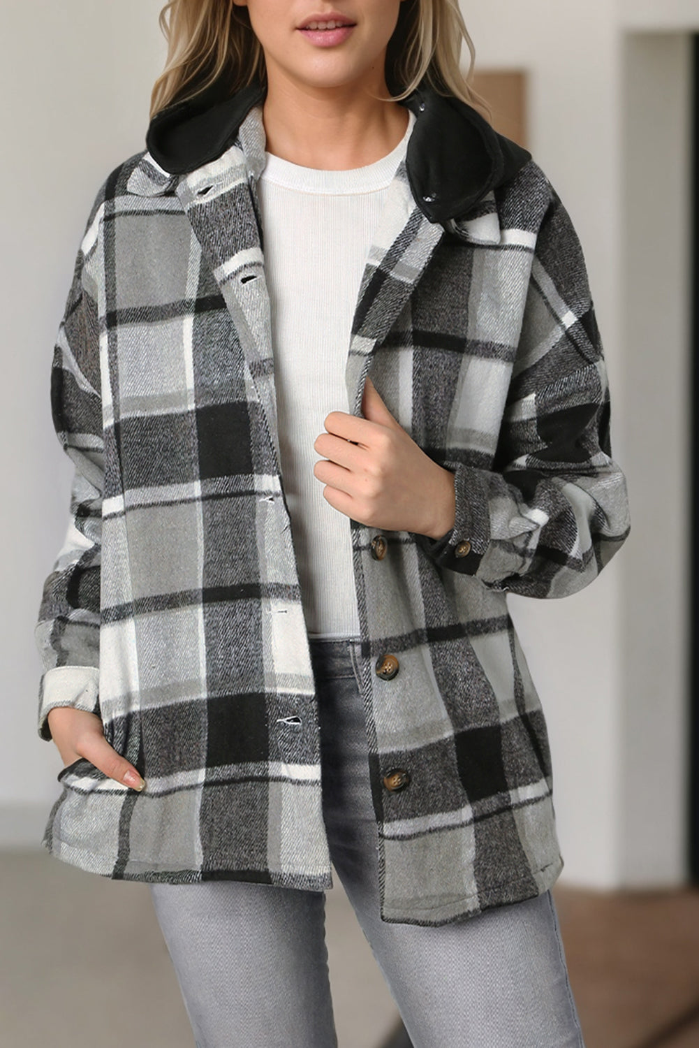 Green Hooded Plaid Button Front Shacket