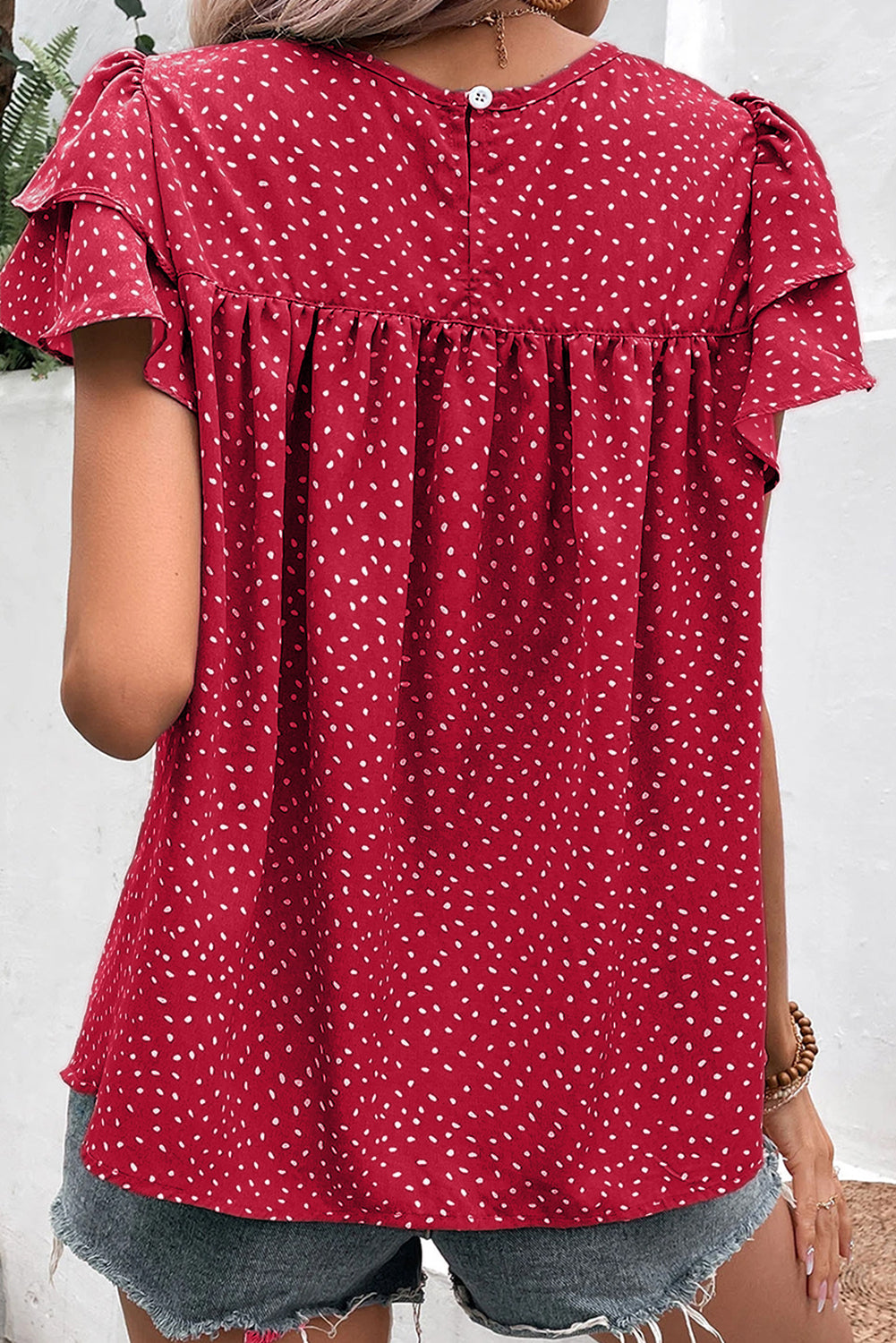 Black Dotted Ruffle Sleeve Crew Neck Ruched Blouse