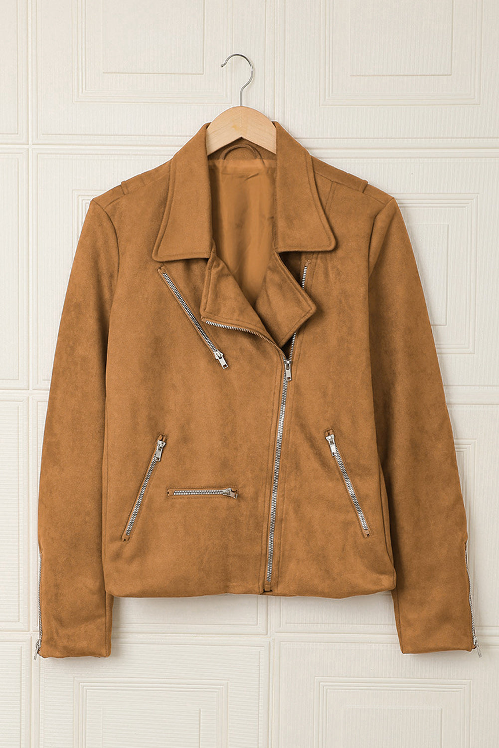 Brown Zipped Notch Collar Short Jacket