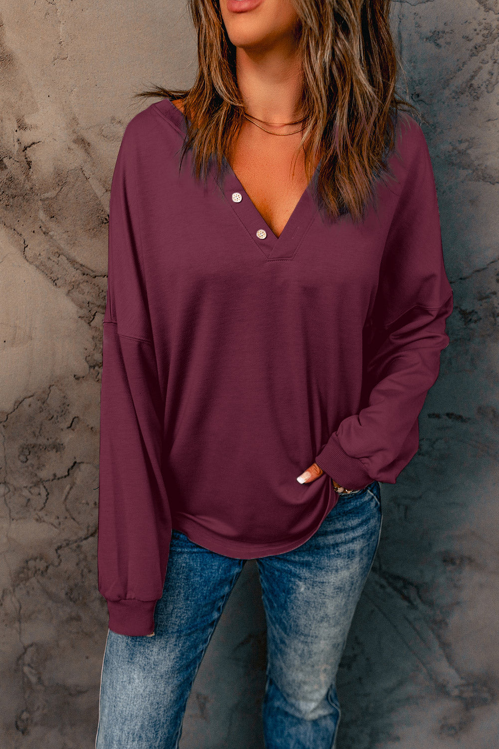 Gray Buttoned V Neck Cotton Loose Fit Top