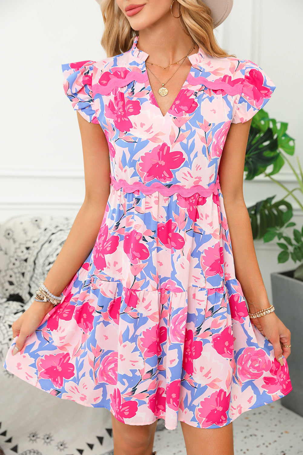 Pink Floral Printed V Notched Ric Rac Flutter Sleeve Dress