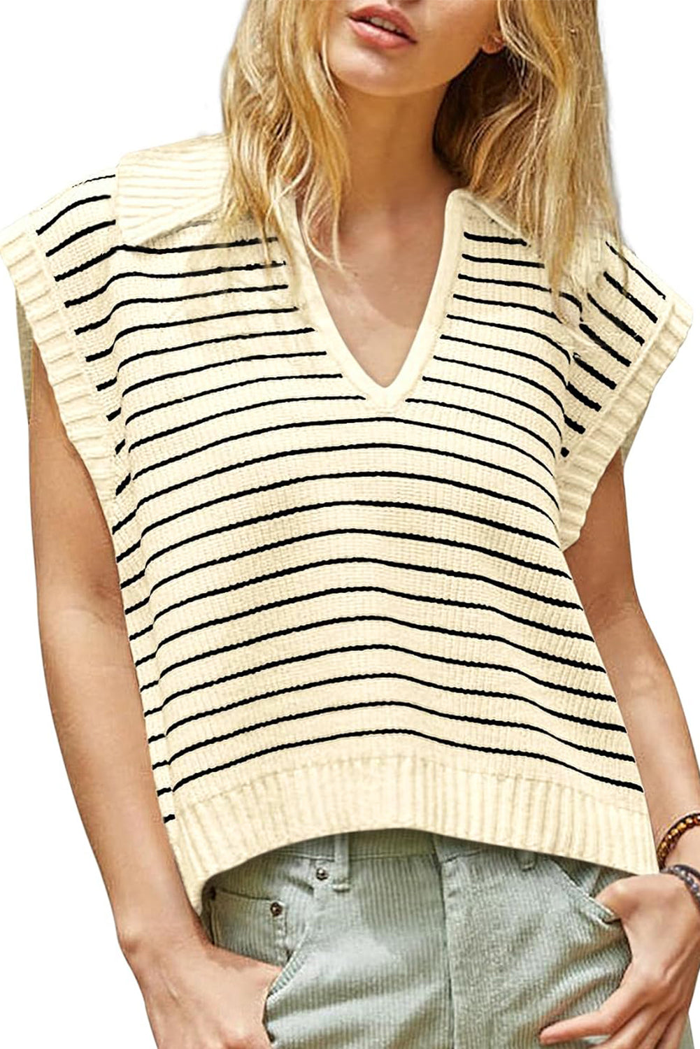 Black Stripe Turn-down V Neck Sweater Tank Top