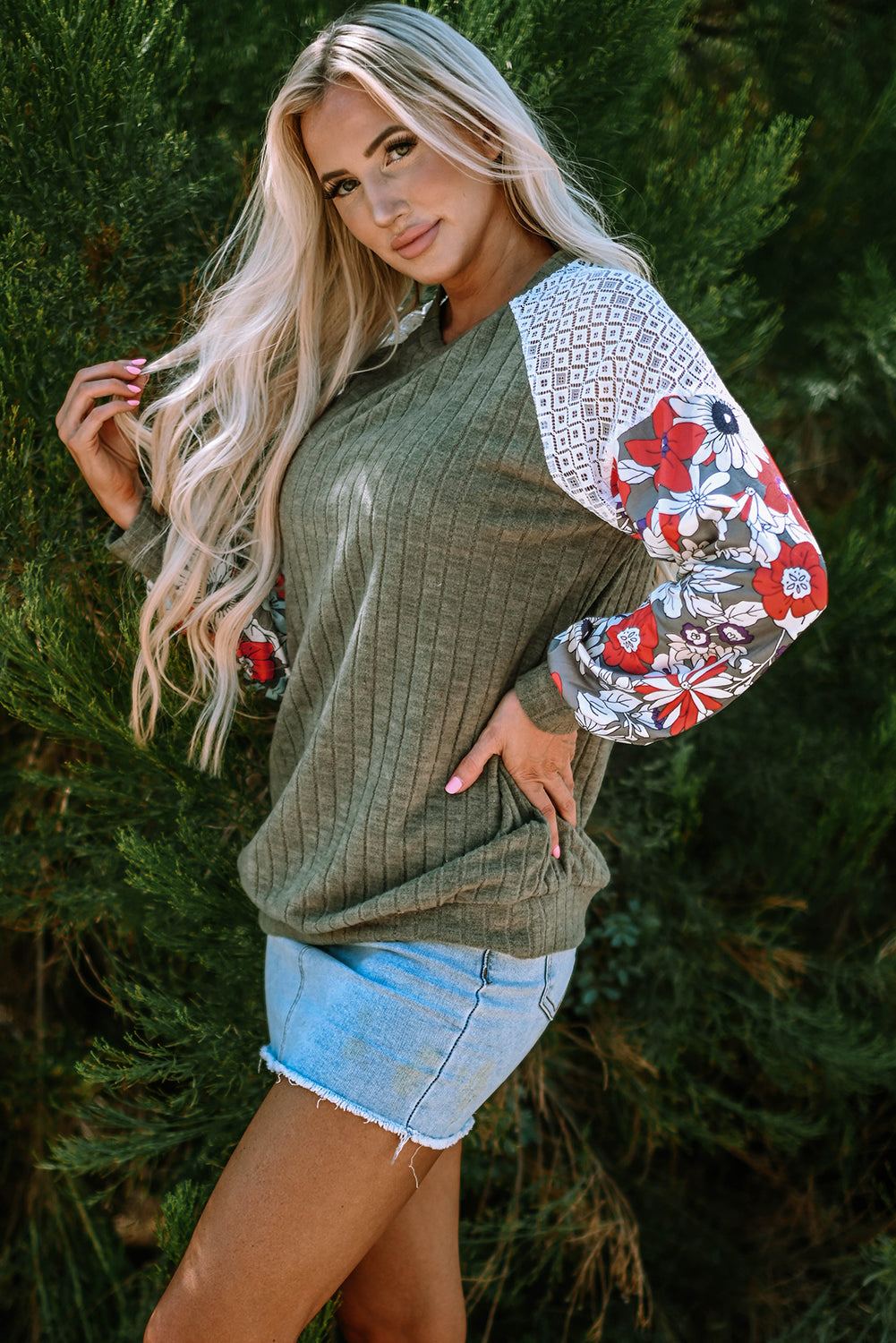 Cinnamon Floral Patchwork Long Sleeve Ribbed Blouse