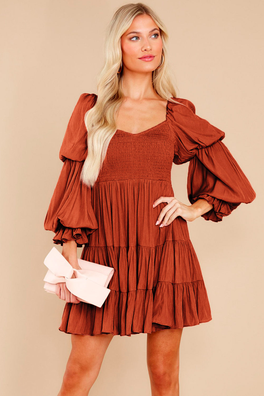 Brown Boho Solid Shirred Ruffle Mini Dress