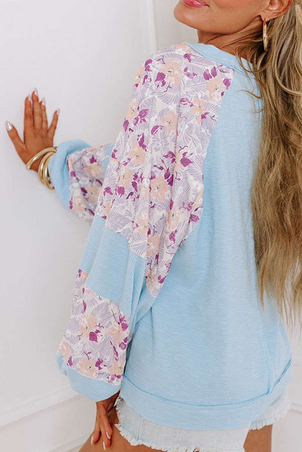 Textured Floral Patchwork Balloon Sleeve Blouse