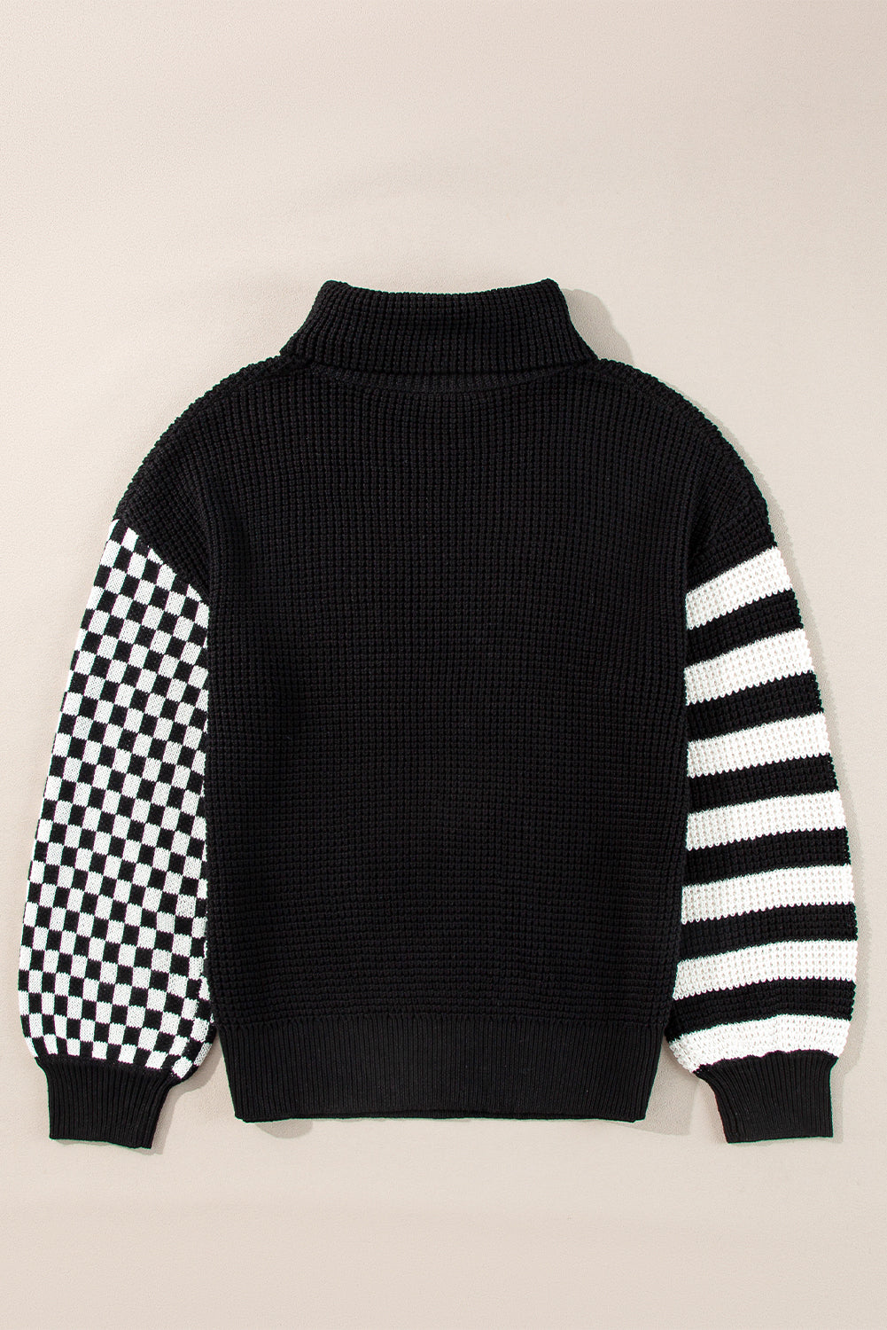 Black Striped Plaid Patchwork Waffle Knit Turtleneck Sweater