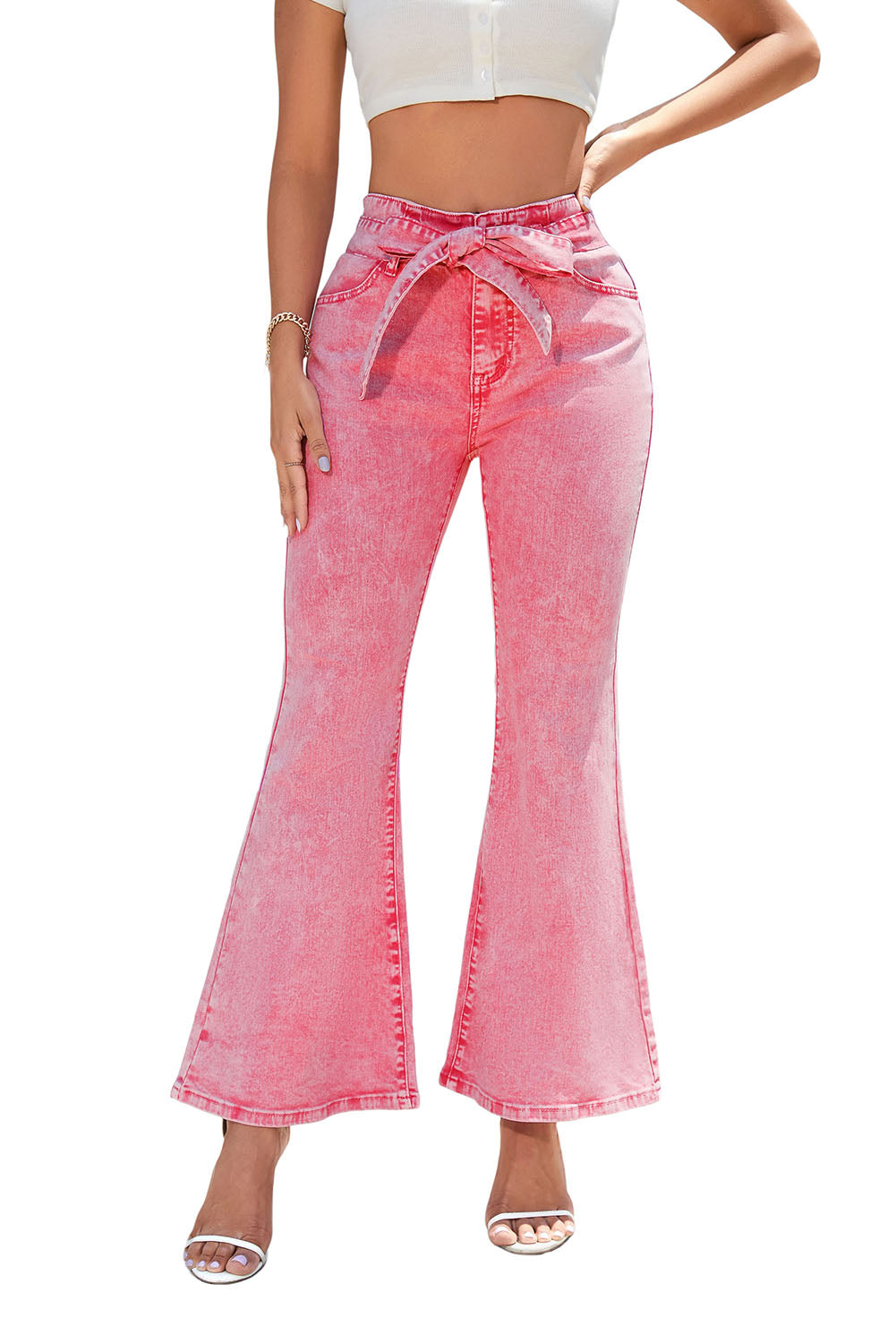 Pink Flare Leg High Waist Front Knot Casual Jeans