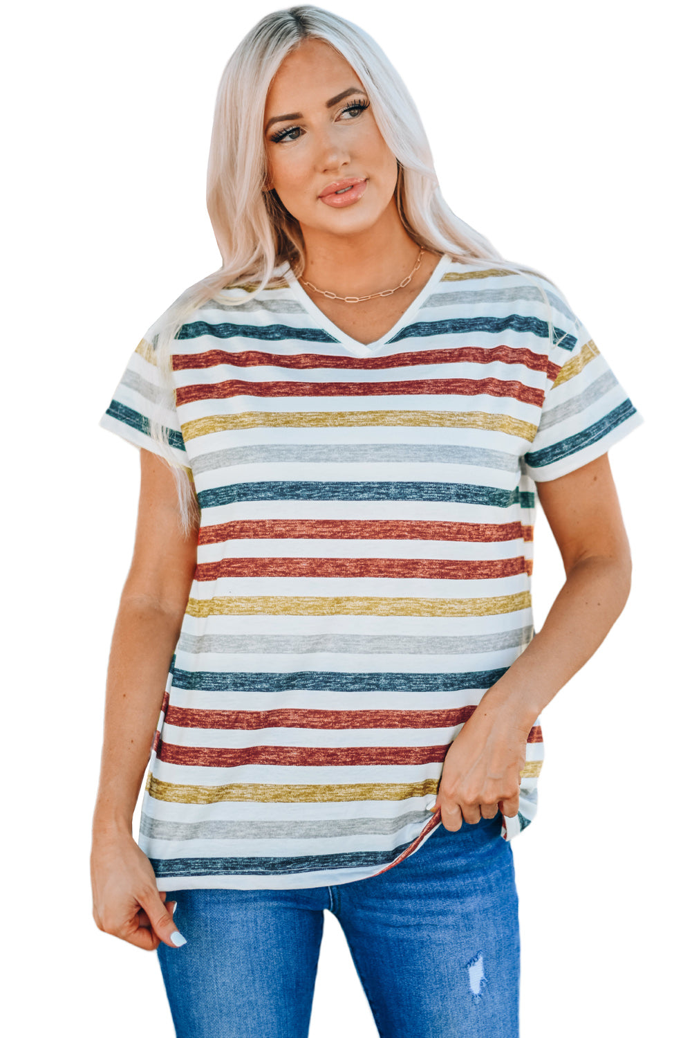 Multicolor Stripes V Neck T-shirt