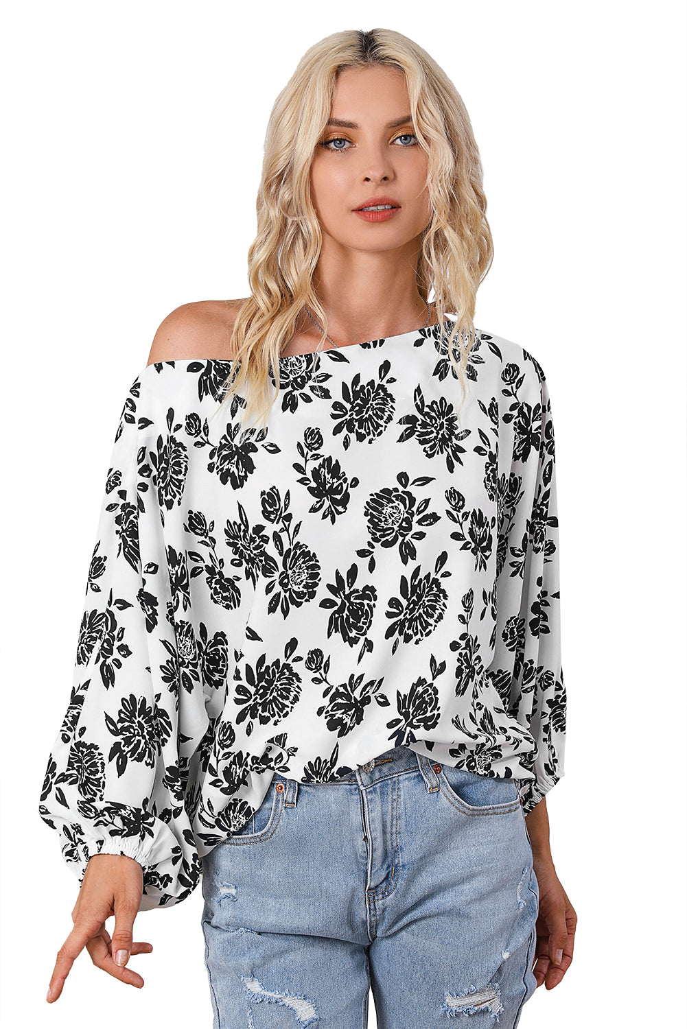 White Floral Print Cold Shoulder Loose Fit Blouse