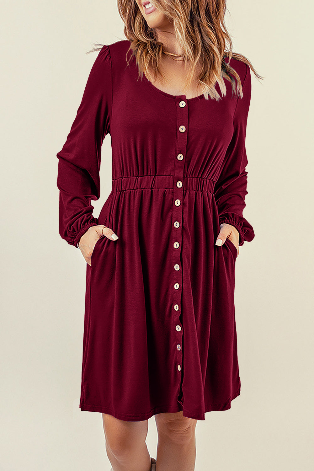 Yellow Button Up High Waist Long Sleeve Dress