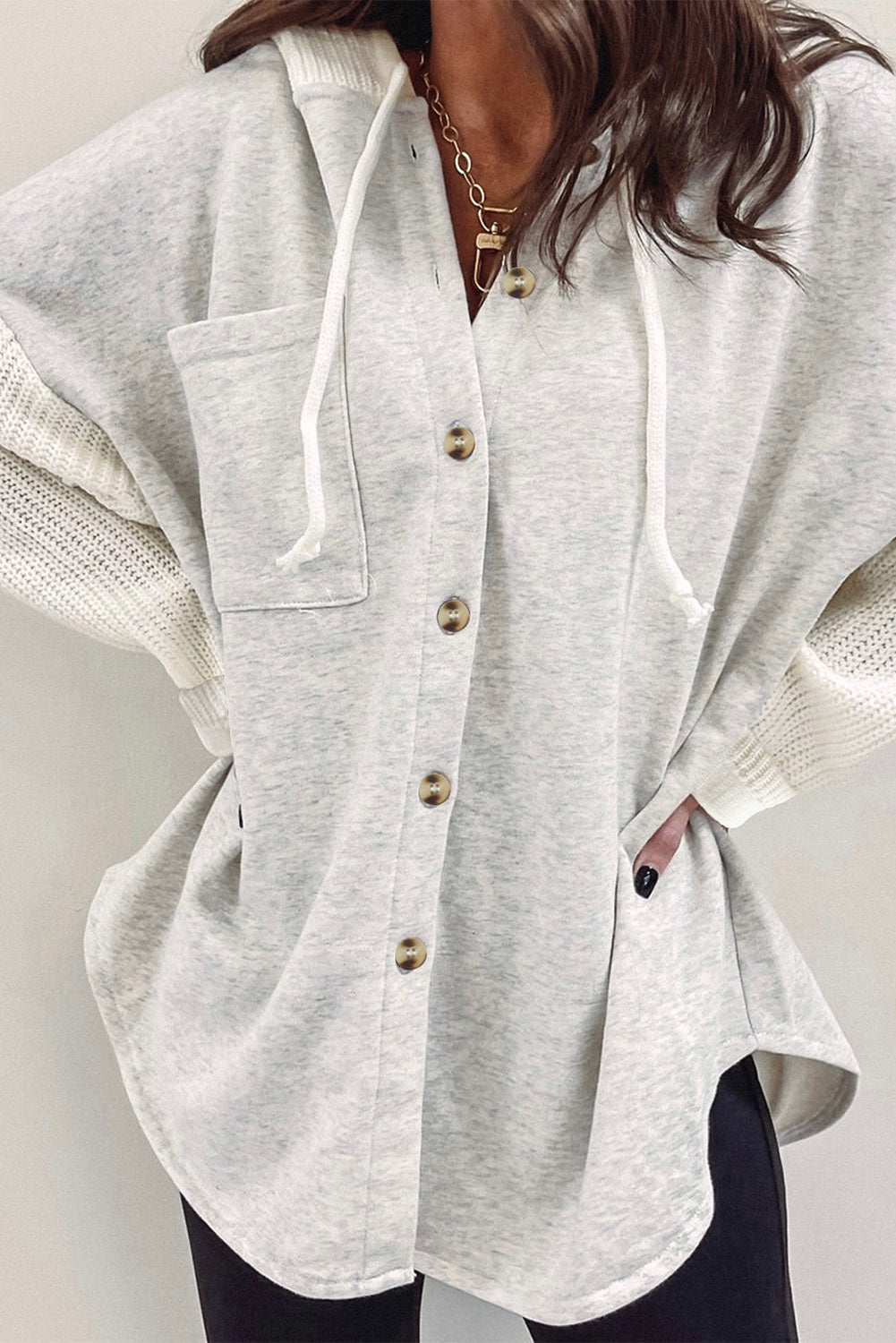 Button Up Contrast Knitted Sleeves Hooded Jacket