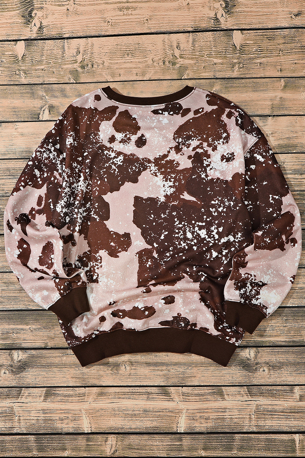 Brown Bleached Tie Dye Leopard Print Long Sleeve Top