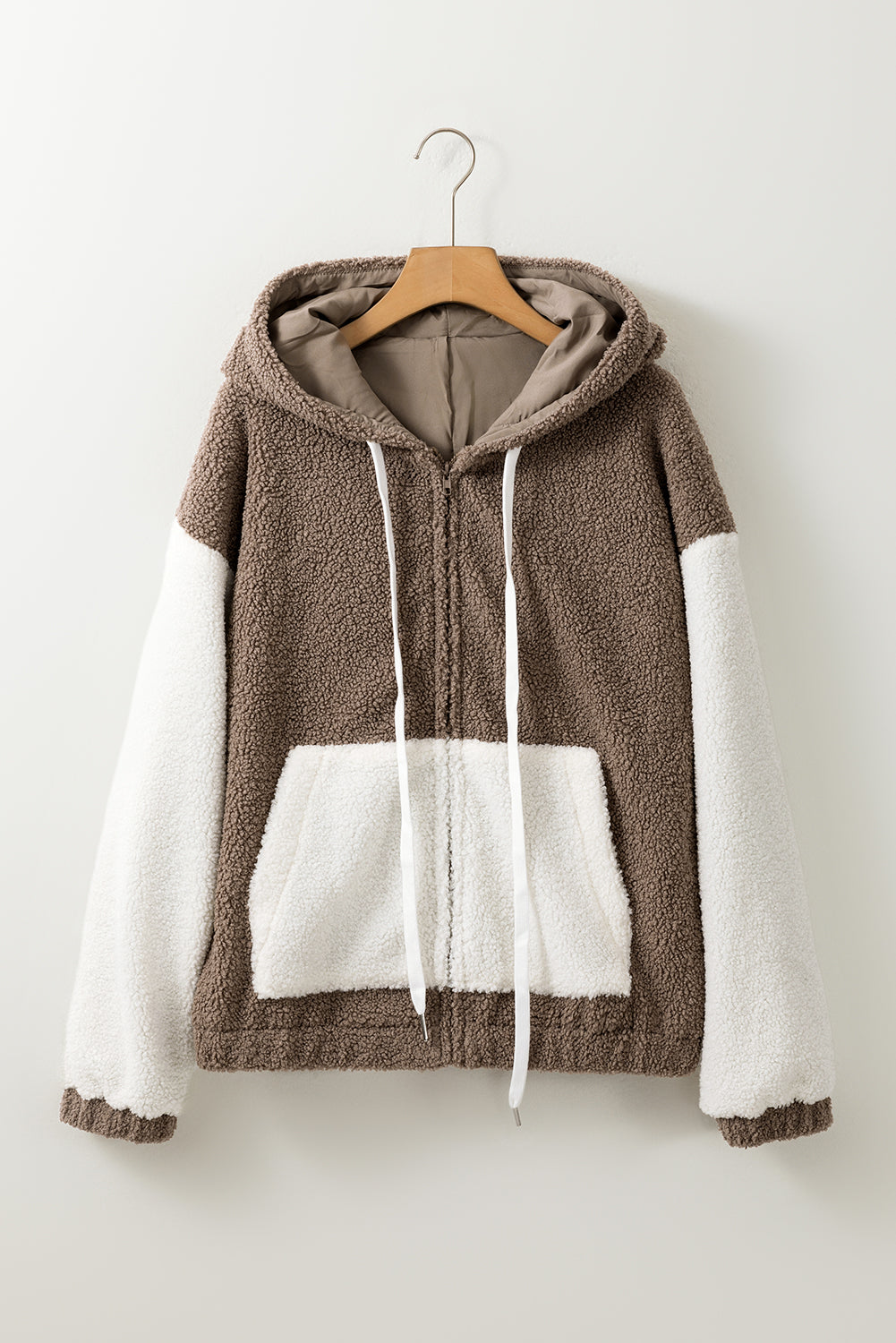 Brown Colorblock Hooded Zip-Up Pocketed Sherpa Jacket