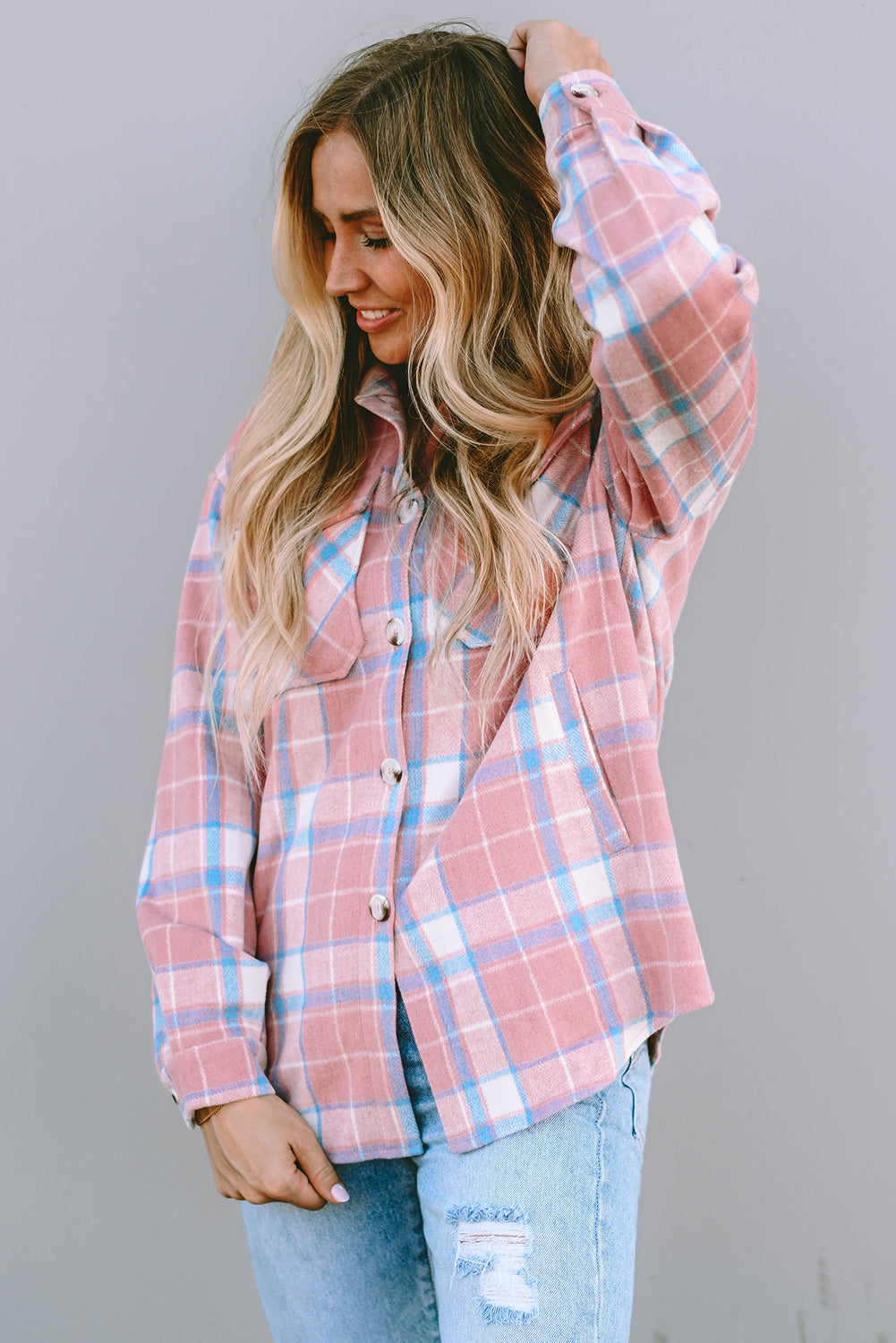 Pink Plaid Flap Pocket Flannel Shacket