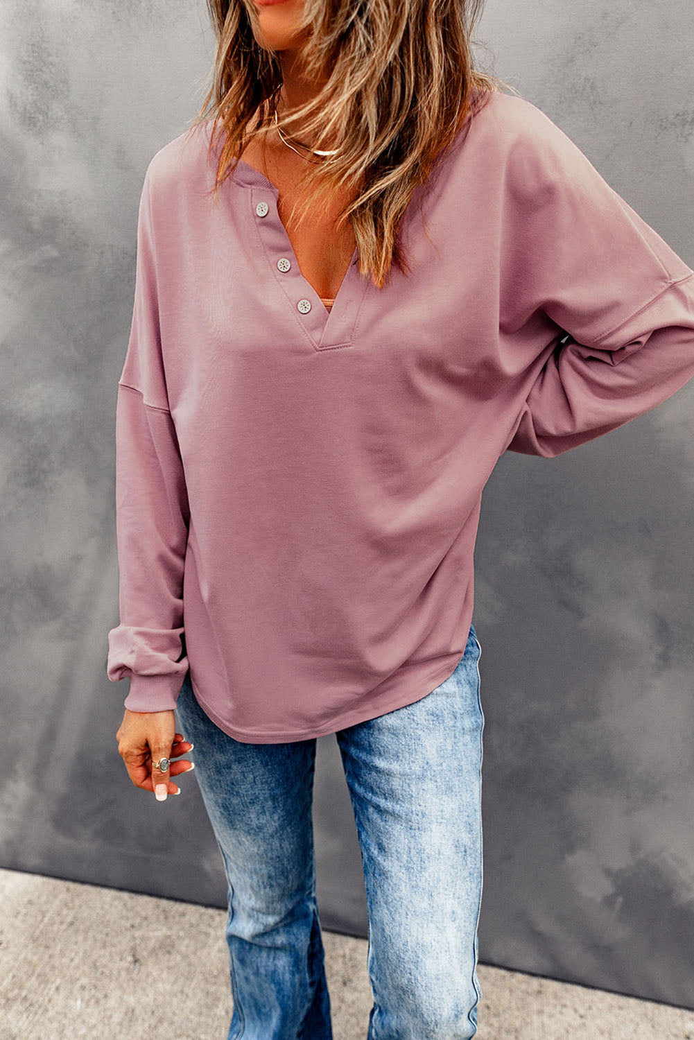 Gray Buttoned V Neck Cotton Loose Fit Top