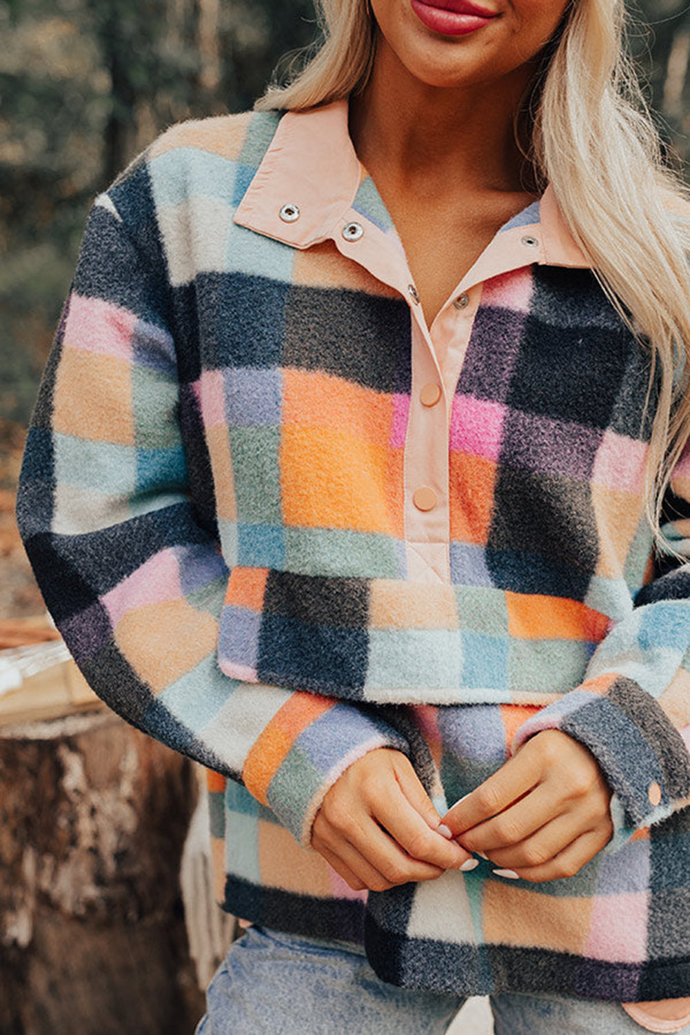 Plaid Pocketed Button Collared Sweatshirt