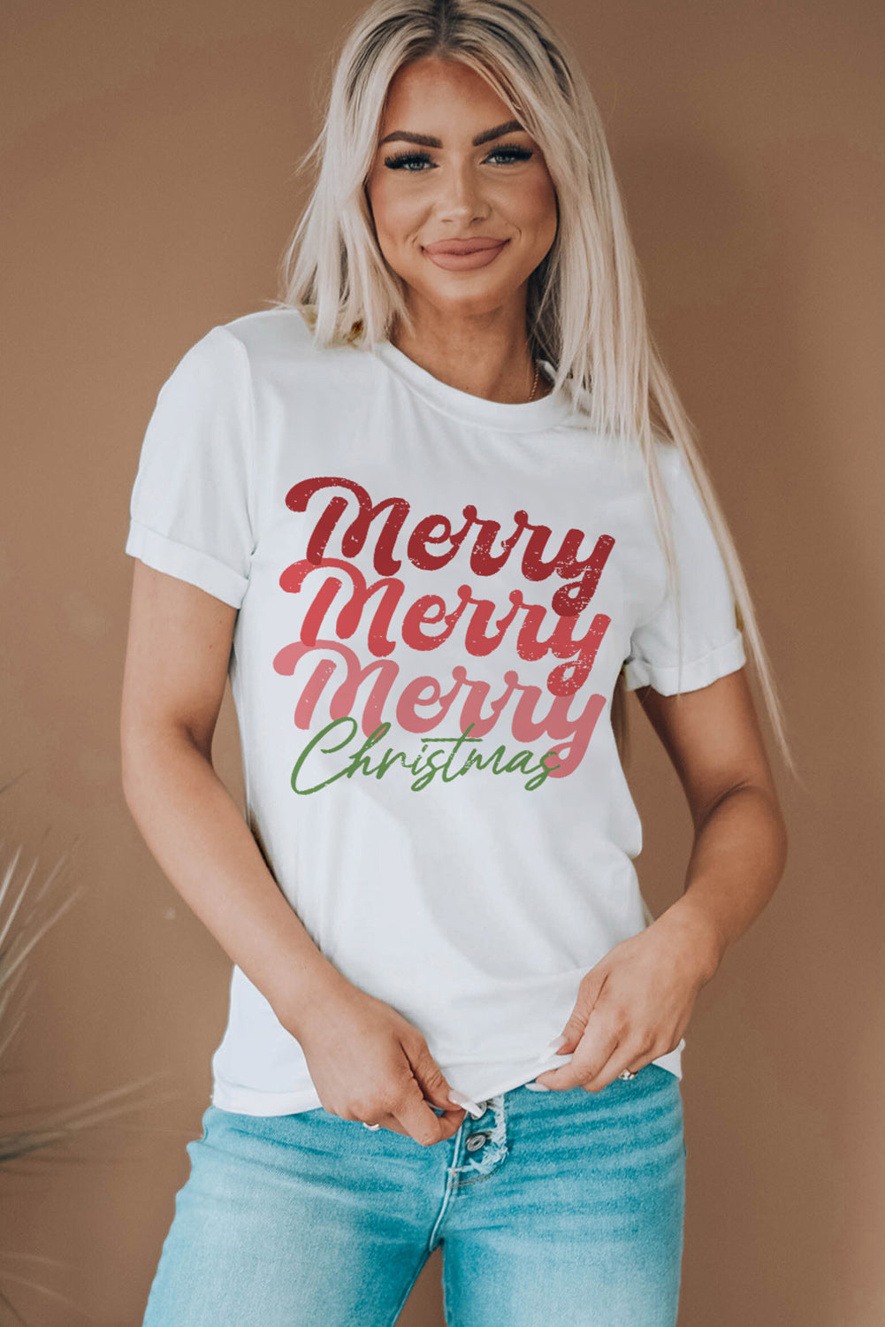 White Merry Christmas Crew Neck Graphic Tee