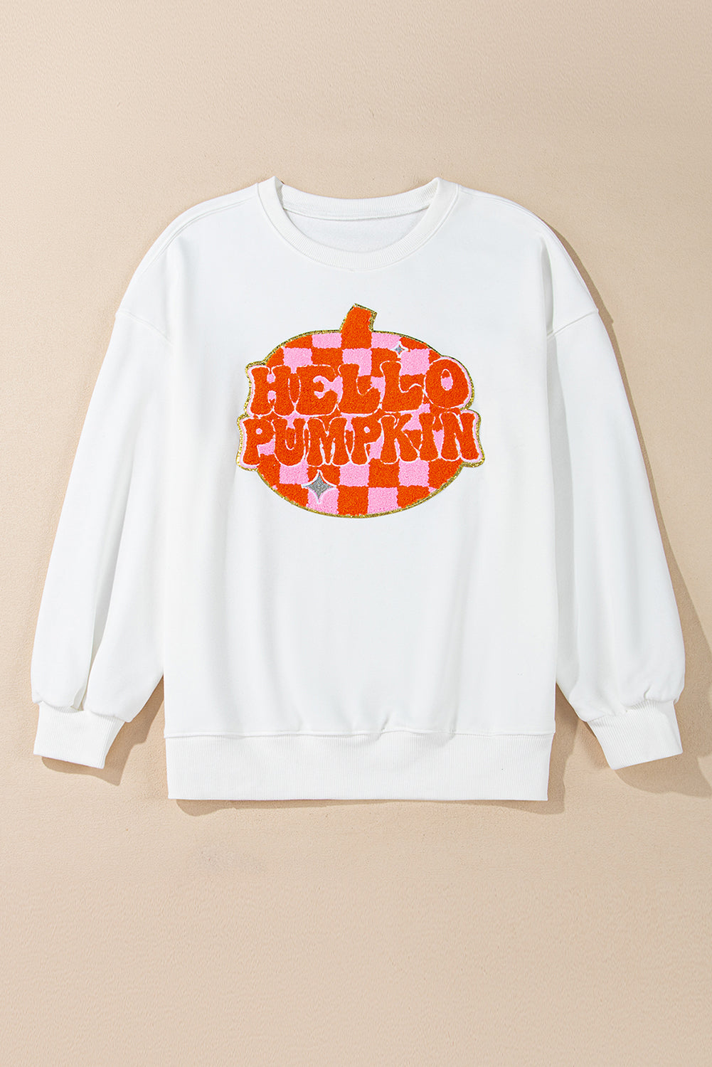 White Terry Halloween Pumpkin Patched Pattern Pullover Sweatshirt