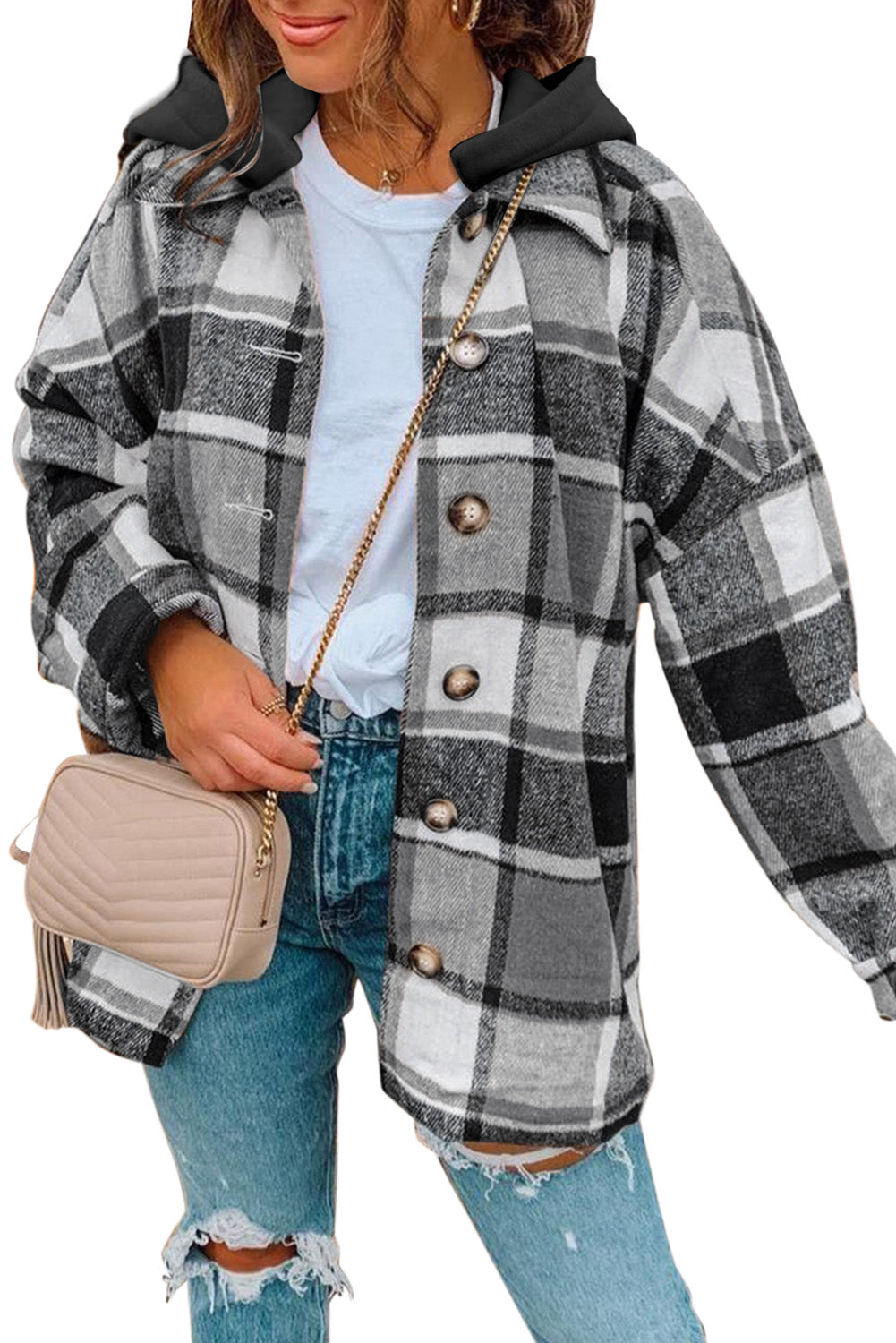 Green Hooded Plaid Button Front Shacket