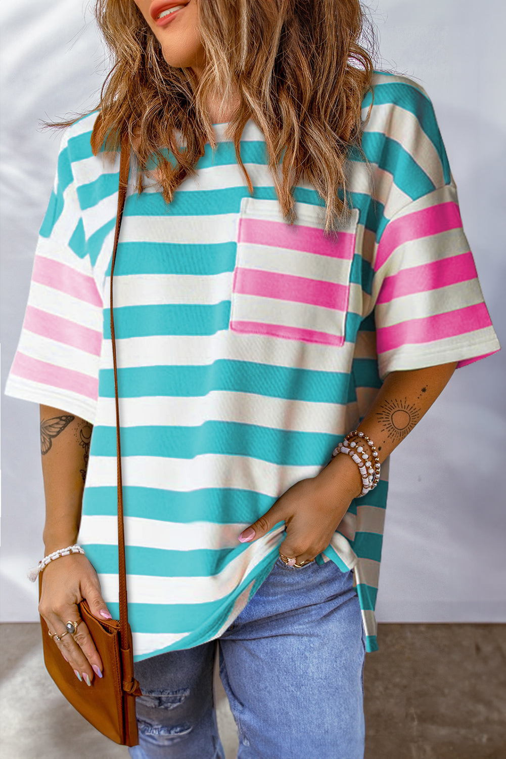 Stripe Contrast Patch Pocket T Shirt