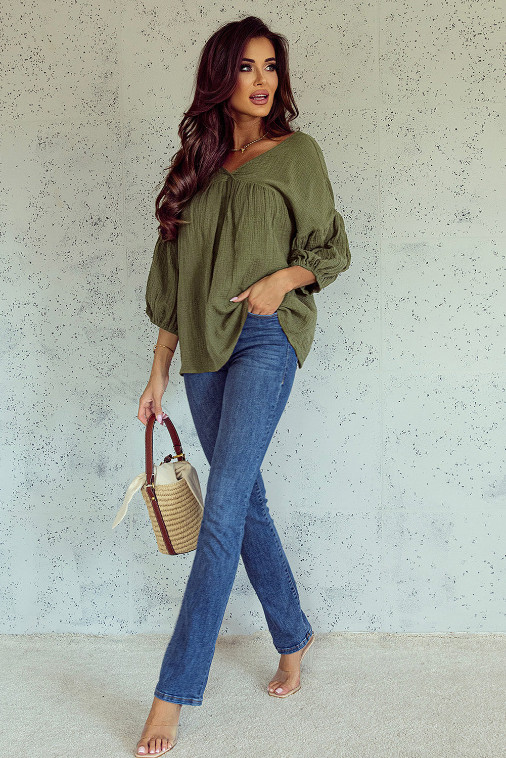 Green Textured V Neck Bracelet Sleeve Babydoll Blouse