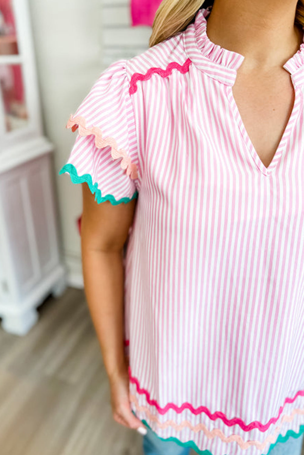 Sky Blue Stripe Ricrac Trim Split Neck Striped Ruffled Sleeve Blouse