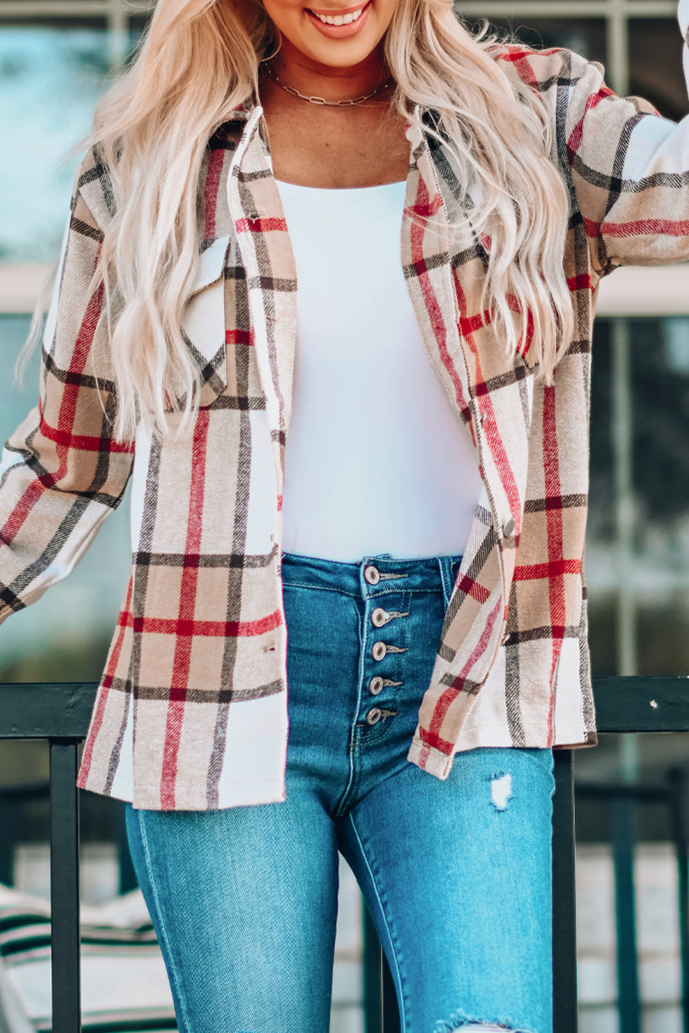 Khaki Plaid Print Buttoned Shirt Coat with Pocket