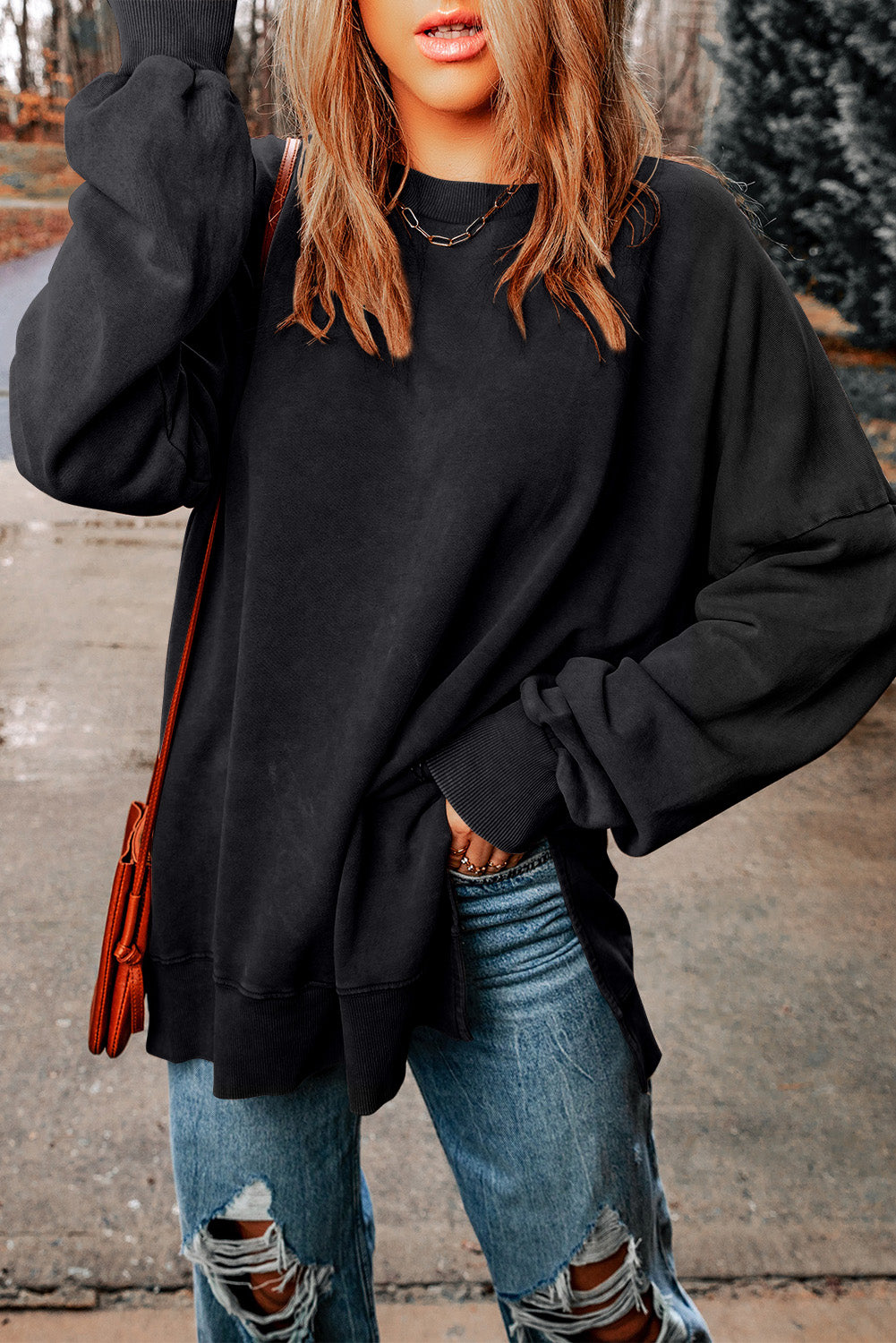 Gray Drop Shoulder Ribbed Trim Oversized Sweatshirt